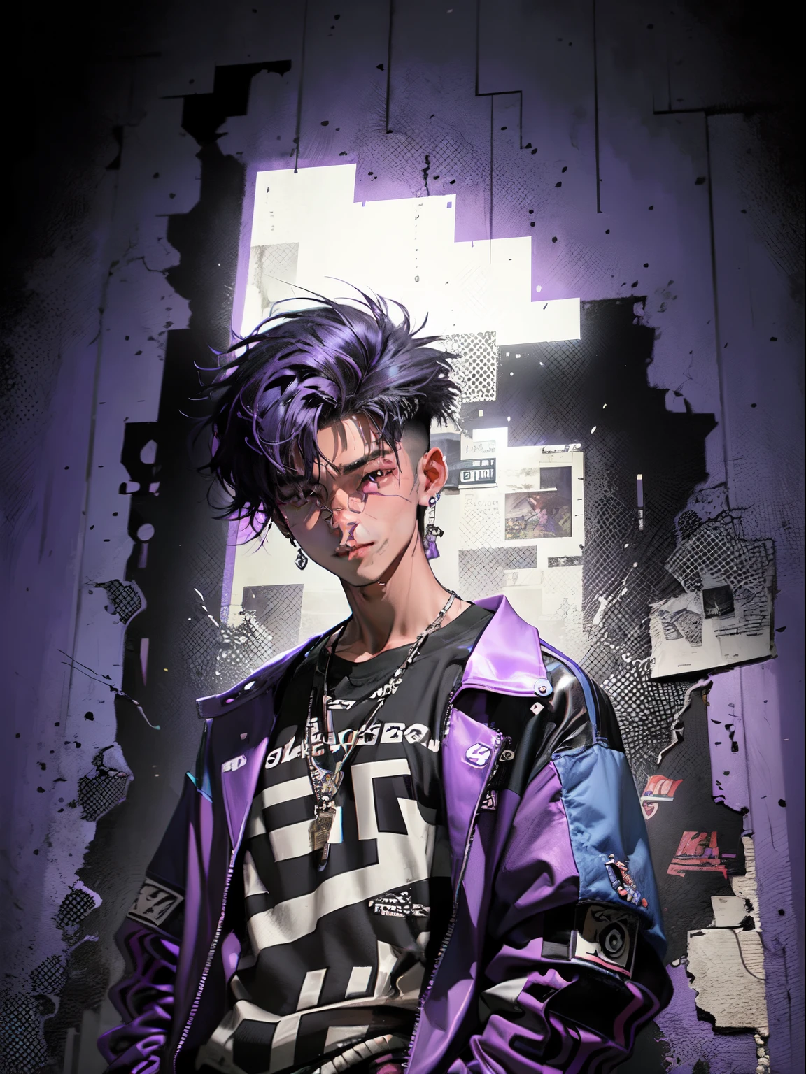 kpop young boy with fade cut dark purple, attractive open purple jacket with dark blue shirts, smile, attractive, casino background, popstar, He has a normal Putt Putt Troll appearance overall, vaca island casino background, 80s and 90s "surfer dude" outfit or 'surfing Kahauna' style appearance