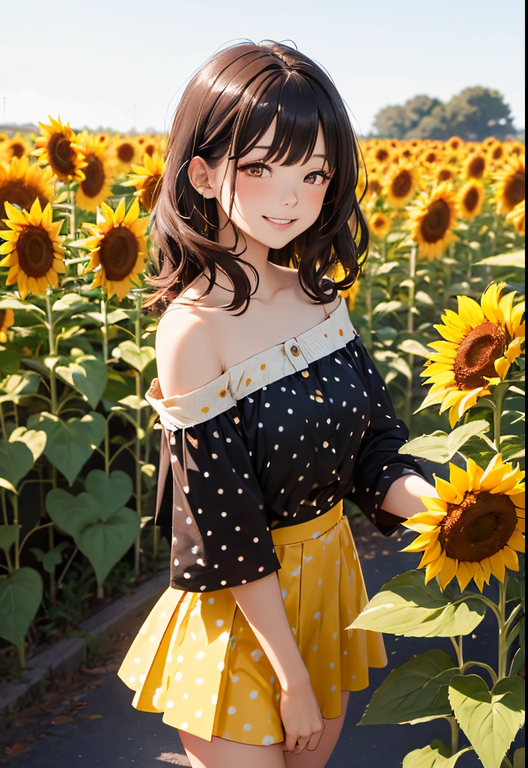 absurderes, ultra-detailliert,bright colour,(in 8K:1.3),masuter piece,extremely beautiful detailed face and eyes, 25 years old,(Smooth wavy brown hair:1.3), (Shiny medium hair:1.2),(Pattsun bangs:1.2) Delicate beautiful face, red blush、(Deep Brown eyes:1.uffy off shoulder black and white with yellow spots short skirt:1.3), standing around with sunflowers, smiling with eyes closed and with teeth, sunflower field, Natural Nice Spot, standing, Detailed face.