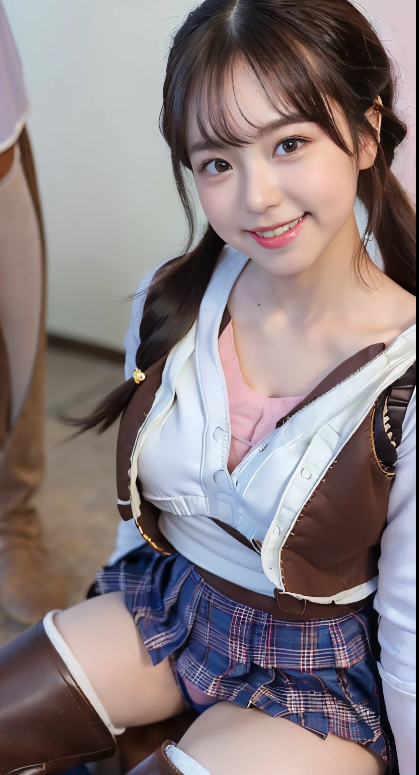 a closeup, ​masterpiece, top-quality, FULL ANATOMY、Raw foto, Photorealsitic、(Cute little face:1.4)、(Very cute smile:1.7)、(with round face:1.8)、(She looks like an idol and is cute:1.7), (A dark-haired)、(cute school uniform:1.7), depth of fields, hight resolution, ultra-detailliert, finely detail, ighly detailed, extremely detailed eye and face, Realistic pupils, foco nítido, Cinematic lighting、18-year-old woman、(One lady、Only one person、独奏、without background:1.9)、 (poneyTail、curlyhair:1.4)、Very detailed 8k wallpaper、Show me your whole body、Looking at the camera、(Too short plaid pleated skirt、I can see the white panties、Plump panties、Lift the hem of the skirt with both hands、Showing her panties to the camera:1.7）、(Brown Long Boots:1.6)、Angle from below、(Thigh close-up:1.6)、(Nice figure、big breasts thin waist)、(Clothes with emphasized chest bulge、Colossal tits:1.9)、Background depth of field