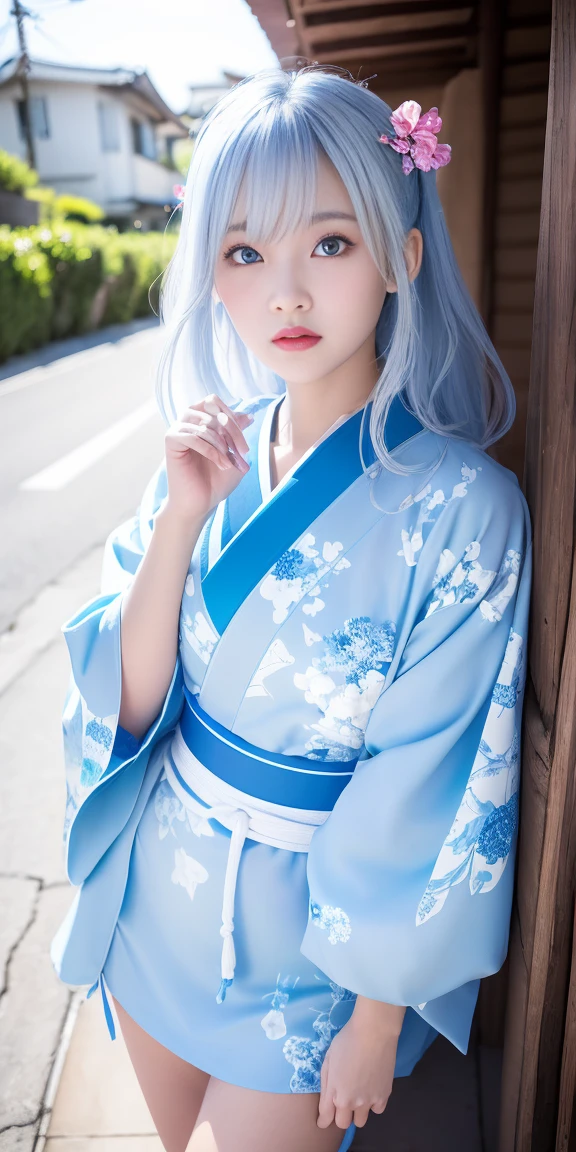 (Light blue kimono:1.2)、(Komono:1.2)、(Bright floral pattern)、(long-sleeve)、1 girl、full body Esbian、(white  hair、Long hair)、(reallistic:1.7)、((Top image quality))、absurderes、(超A high resolution)、(Photorealsitic:1.6)、Photorealsitic、octane renderings、(hyper realisitic:1.2)、(photorealiscic face:1.2)、(8K)、(4K)、(​masterpiece)、(realistic skin textures)、(illustratio、Cinematographic lighting、wall-)、(Same size left and right、beautidful eyes:1.2)、((((face perfect))))、(cute little)、( Standing)、red-lips、outside of house、(Japanese Style Country)、Detailed cute face、Realistic Beauty、Light in the eyes、Looking at the camera、placket、Dimples