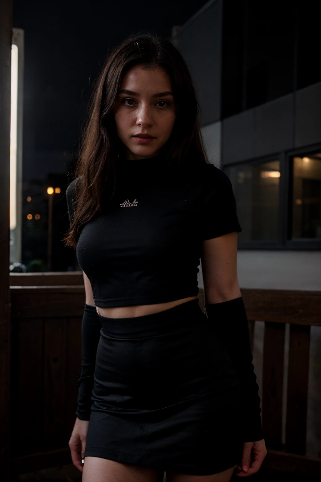 ((best quality)), ((masterpiece)), (detailed), seed 500000, perfect face A 26-year-old woman with black hair, medium-blue eyes resembling those of Europeans, and medium lips. wearing beautiful tight fitting clothes and sexy with black shirt and black skirt outdoor at night with beautiful backlight and darkness