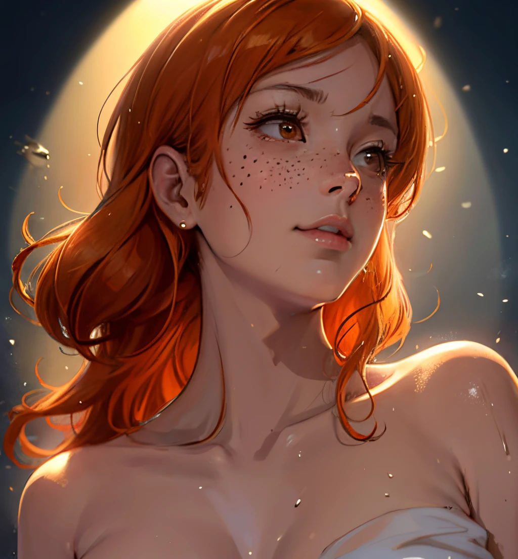 (masterpiece, best illustration, best manga), solo, onsen, ((nami from one piece)), brown eyes, (shiny skin, soft hair), (freckle, bright orange two tone hair:1.3), ((naked towel), wet body, relaxed eyes, extreme light and shadow, volumetric lighting, rim lighting), (daylight:.5), (rainbow lights, light leak)