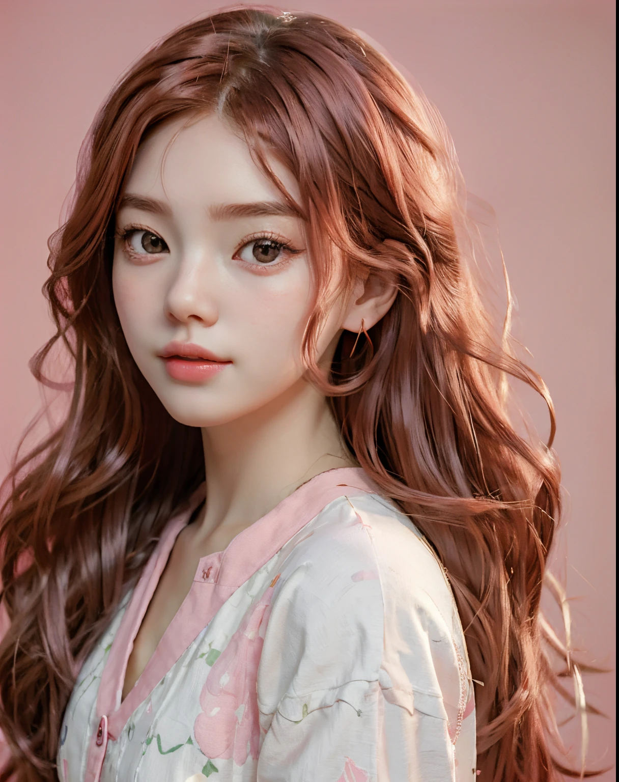 best quality, 1girl, solo, cartoon portrait , background, long hair, bright red hair , pink lips, young girl, korean face