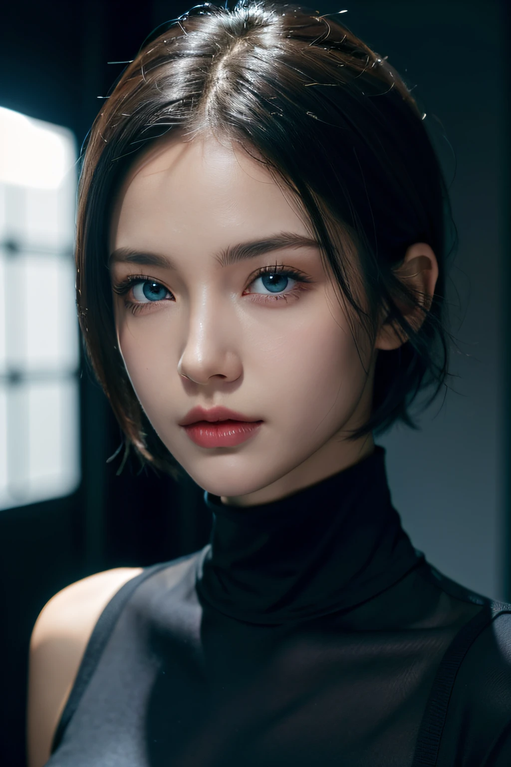 Skin Tight Black Top:1.4, Looking at Viewer, Cinematic lighting, Perfect, softlight, High resolution skin:1.2, Realistic skin texture, Realistic face, off shoulders, Exposed cleavage, Blue eyes, Short hair,