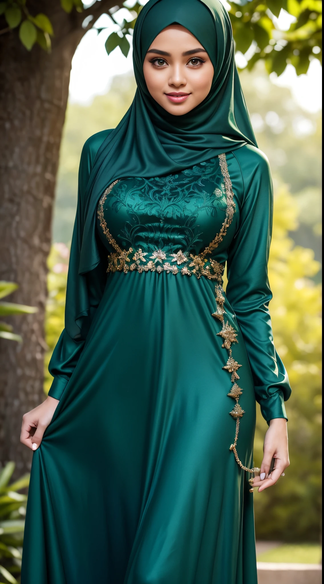 RAW, Best quality, high resolution, work: 1.3, beautiful Malay woman in hijab, beautiful big eyes, smiling, beautiful face, shiny lips, soft smile, medium portrait, watery eyes, huge breasts, woman in green dress posing seductively and sexy in front of the camera with a background behind garden flower(bokeh) ,  flowing dress, sophisticated dress, with teal clothes, multi-layered clothes, dark green, fully covered dress, dark green dress, graceful dress, wearing an elegant dress, women's long dress, she  wearing a dark green dress,