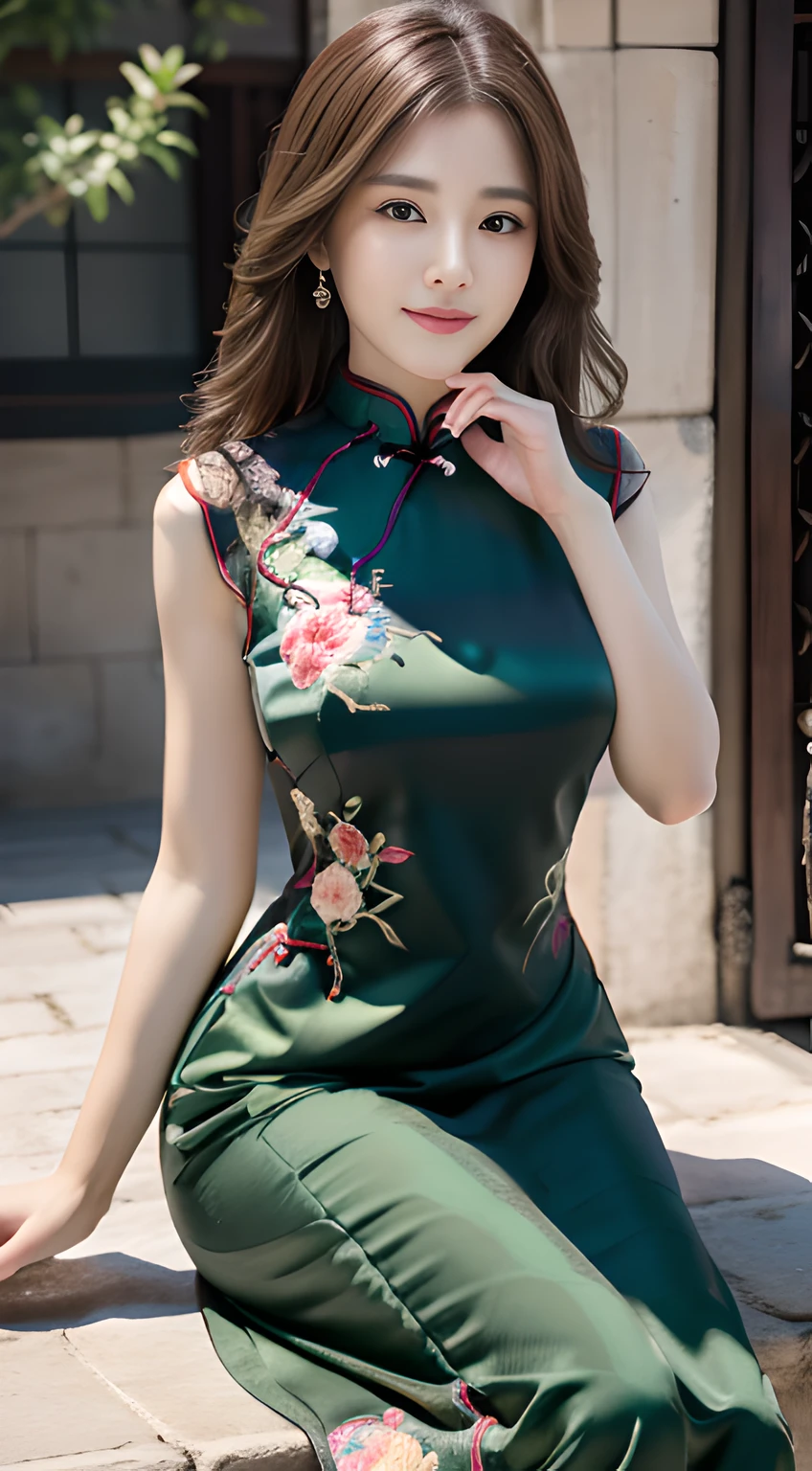 ulzzang -6500-v1.1, (Raw foto:1.2), (Photorealsitic:1.4), Delicate beautiful girl,The sparkling eyes have a very nice atmosphere......................,13years, Attractive eyes and moist lips,cabelos preto e longos,(ssmile:1.3),Detailed depiction of the face,Formula details,Detailed depiction of facial features Star Masterpiece Fine Detail,Describe your role in detail,Detailed depiction of hair,Carefully drawn ,My body is bumpy,Detailed depiction of the hand,Clothes drawn in detail,Detailed depiction of the face,face perfect,Detailed depiction of the hand,4fingers and 1thumb:1.3),orthofacial,choker necklace,eardrop, Works of masters,Infinitely close to reality,(Full body photo:1.5),Highest image quality,best qualtiy,infinite details,8K分辨率,(((Beautiful patterned embroidered cheongsam 1.3))),((dark green cheongsam dress))),(Ancient courtyard scene:1.3),A smile, Constriction of the lower back, sexy pose,Bold poses, Beautiful legs visible through the slit of a long skirt, large full breasts