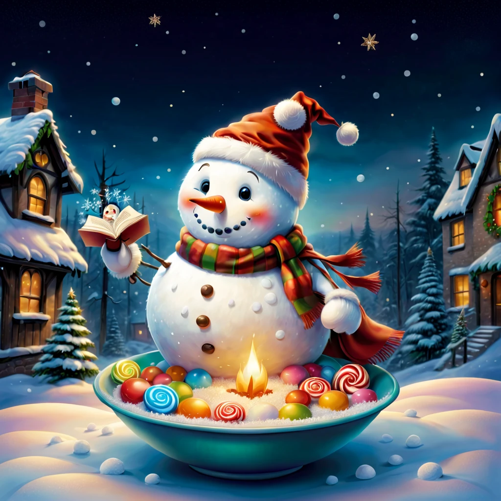 Christmas Eve，Cute vector snowman holding a book and a bag of candy, Pour the snowflakes into a bowl，The robin lands on the snowman&#39;s head，Christmas elements，illustratio, Children's book illustration, inspired by Doug Ohlson, Add details, , sugar snow, delicacy, festivity, snowflower,Paintings by Alison Debenham, cover illustration，超高分辨率, illustratio, Christmas evening, extremely high resolution, hyper realisitc，Exquisite、Best quality、ultra - detailed、nice、Positioning details、colorful colorful