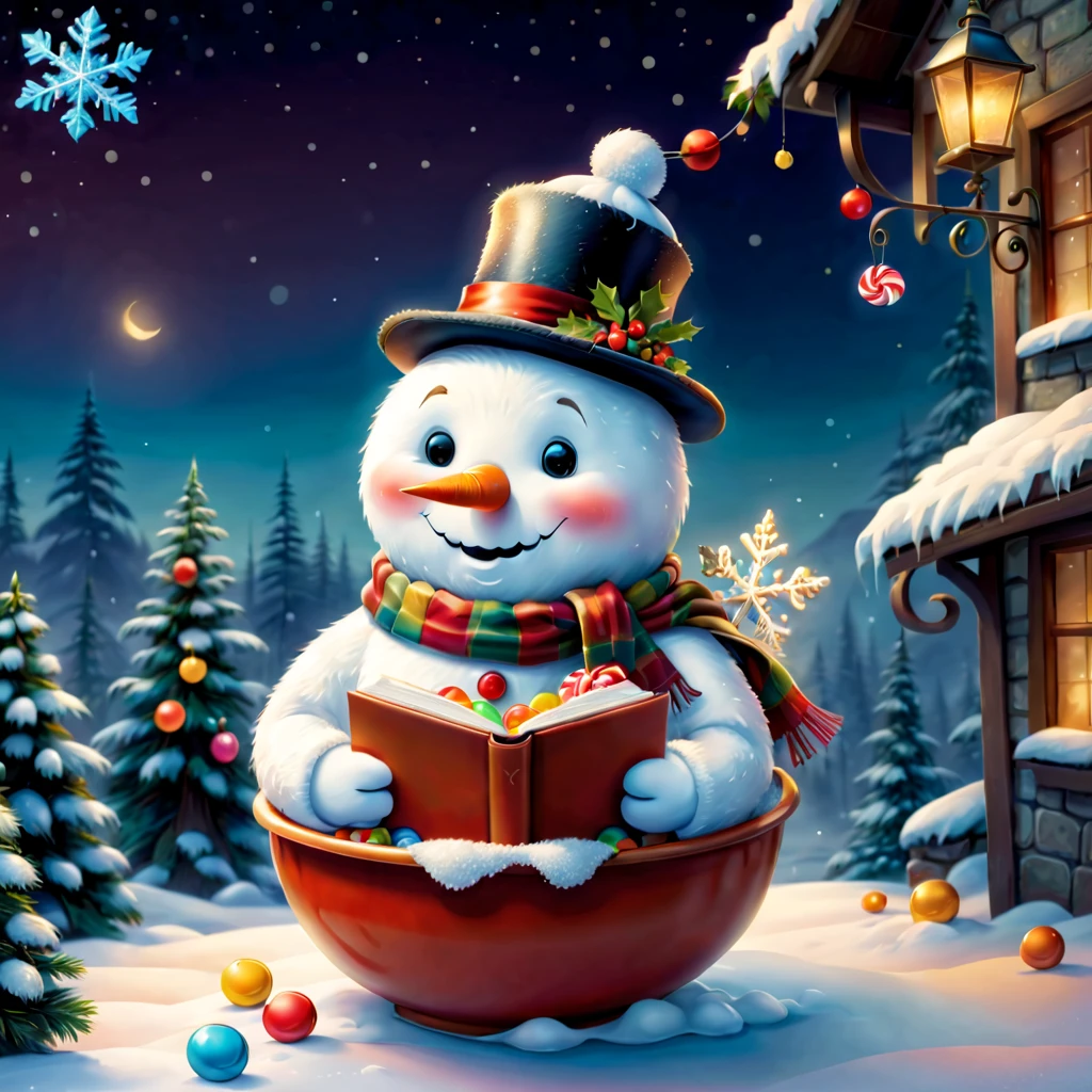 Christmas Eve,Cute vector snowman holding a book and a bag of candy, Pour the snowflakes into a bowl,The robin lands on the snowman's head,Christmas elements,illustratio, Children's book illustration, inspired by Doug Ohlson, Add details, , sugar snow, delicacy, festivity, snowflower,Paintings by Alison Debenham, cover illustration,超高分辨率, illustratio, Christmas evening, extremely high resolution, hyper realisitc,Exquisite、Best quality、ultra - detailed、nice、Positioning details、colorful colorful