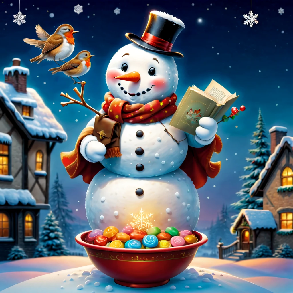 Christmas Eve,Cute vector snowman holding a book and a bag of candy, Pour the snowflakes into a bowl,The robin lands on the snowman's head,Christmas elements,illustratio, Children's book illustration, inspired by Doug Ohlson, Add details, , sugar snow, delicacy, festivity, snowflower,Paintings by Alison Debenham, cover illustration,超高分辨率, illustratio, Christmas evening, extremely high resolution, hyper realisitc,Exquisite、Best quality、ultra - detailed、nice、Positioning details、colorful colorful