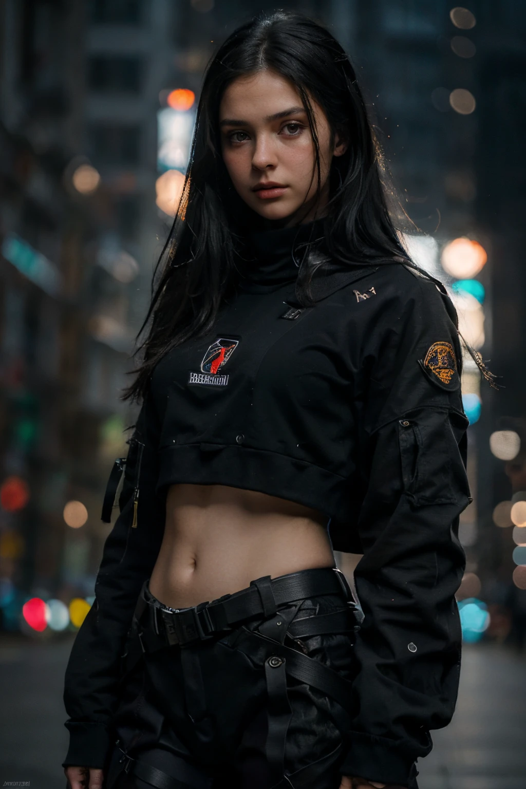 photorealistic:1.4, masterpiece, best quality, solo, Detailed face:1.2, perfectly proportions, photos realistic, ,Photo of mature Ukraine college girl, raw , long black hair,  techwear, blurry background, eye focus, cowboy shot, huge city background, facing front, dramatic light, cinematic light, realistic, realism