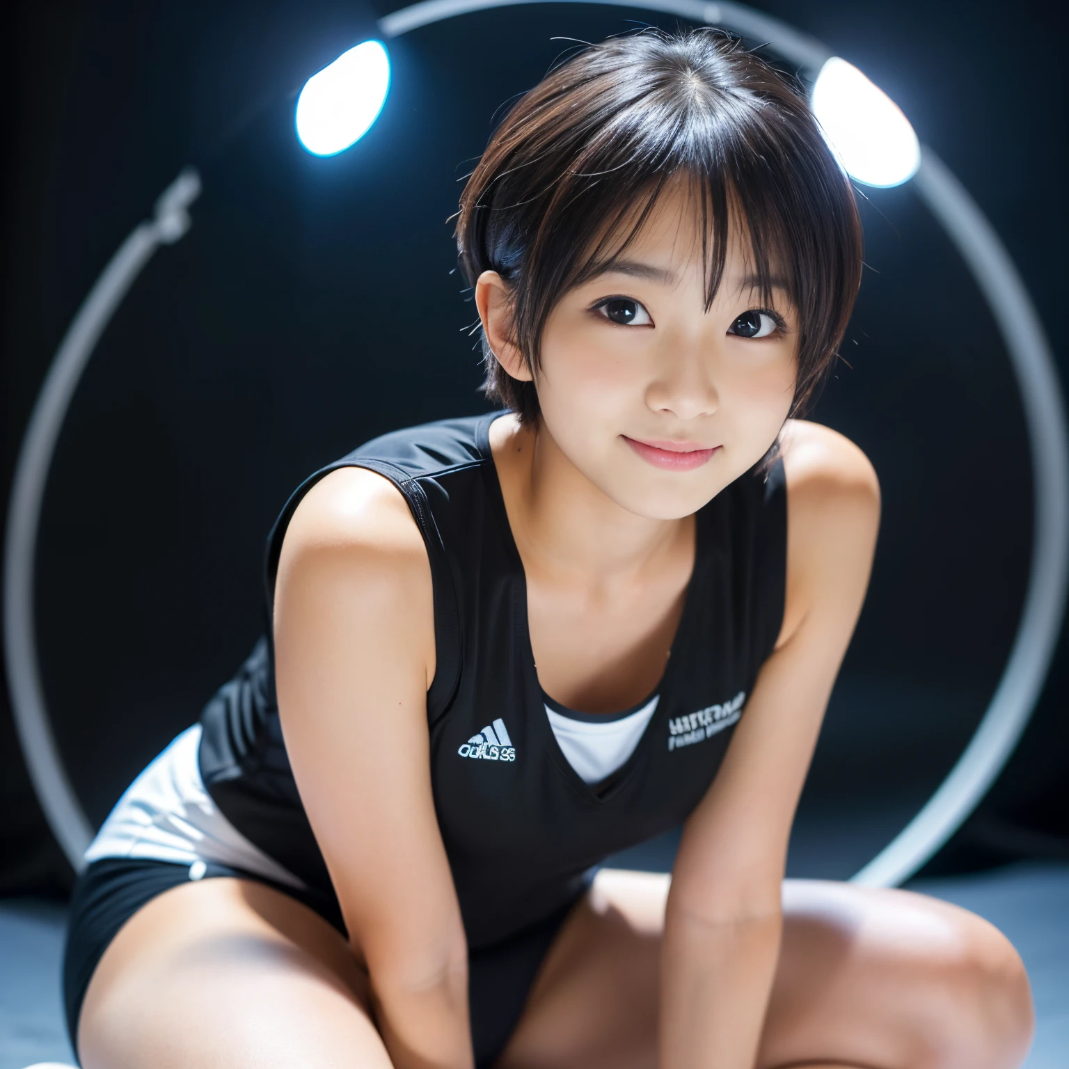 (Best Quality, Masterpiece, Ultra high resolution, (Photorealsitic:1.4), Raw photo, Extremely-Details, Perfect-Anatomy), 1girl, 12-years-old, most famous Japanese idol, portrait, face focus, innocent smile, looking at viewer, wearing sleeveless volleyball uniform, ((very beautiful short-cut-haired, extremely cute face like a most popular Japanese idol, ((extremely beautiful big black solid circle eyes)))), detailed sleeveless volleyball uniform