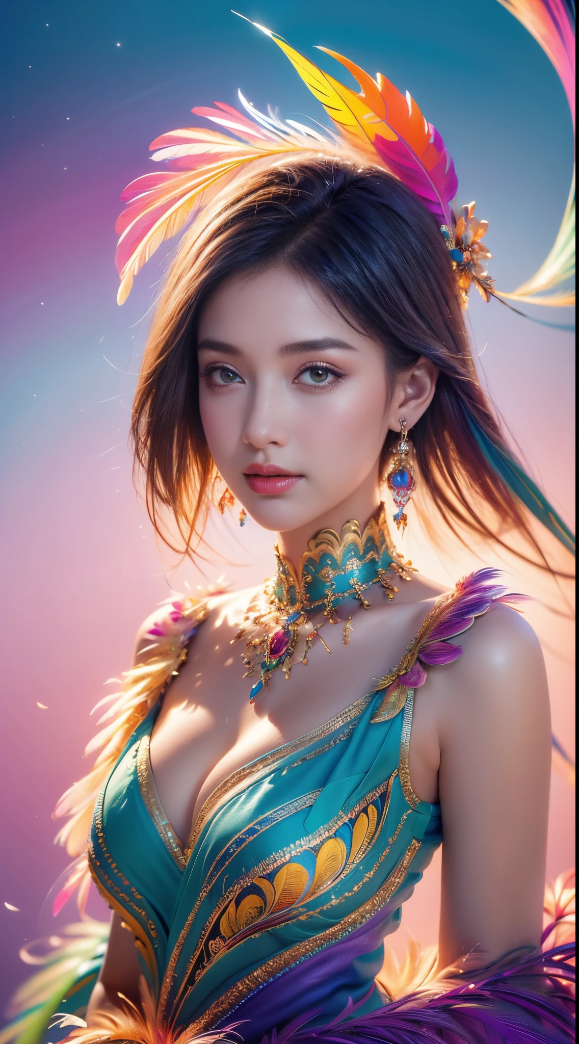 1个Giant Breast Girl,(earrings feather:1.2),(tmasterpiece, quality, Best quality at best, offcial art, Beautiful and beautiful:1.2),The very detailed,(s fractal art:1.1),(Colorful:1.1),Feather background,