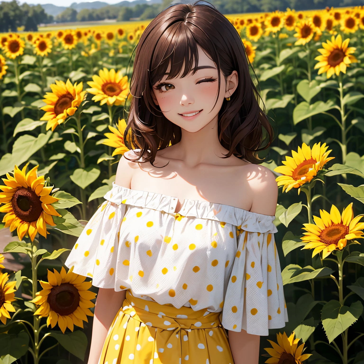 absurderes, ultra-detailliert,bright colour,(in 8K:1.3),masuter piece,extremely beautiful detailed face and eyes, 25 years old,(Smooth wavy brown hair:1.3), (Shiny medium hair:1.2),(Pattsun bangs:1.2) Delicate beautiful face, red blush、(Deep Brown eyes:1puffy off shoulder yellow and white with yellow spots short skirt:1.3), standing around with sunflowers, smiling with eyes closed and with teeth, sunflower field, Natural Nice Spot, standing, Detailed face.