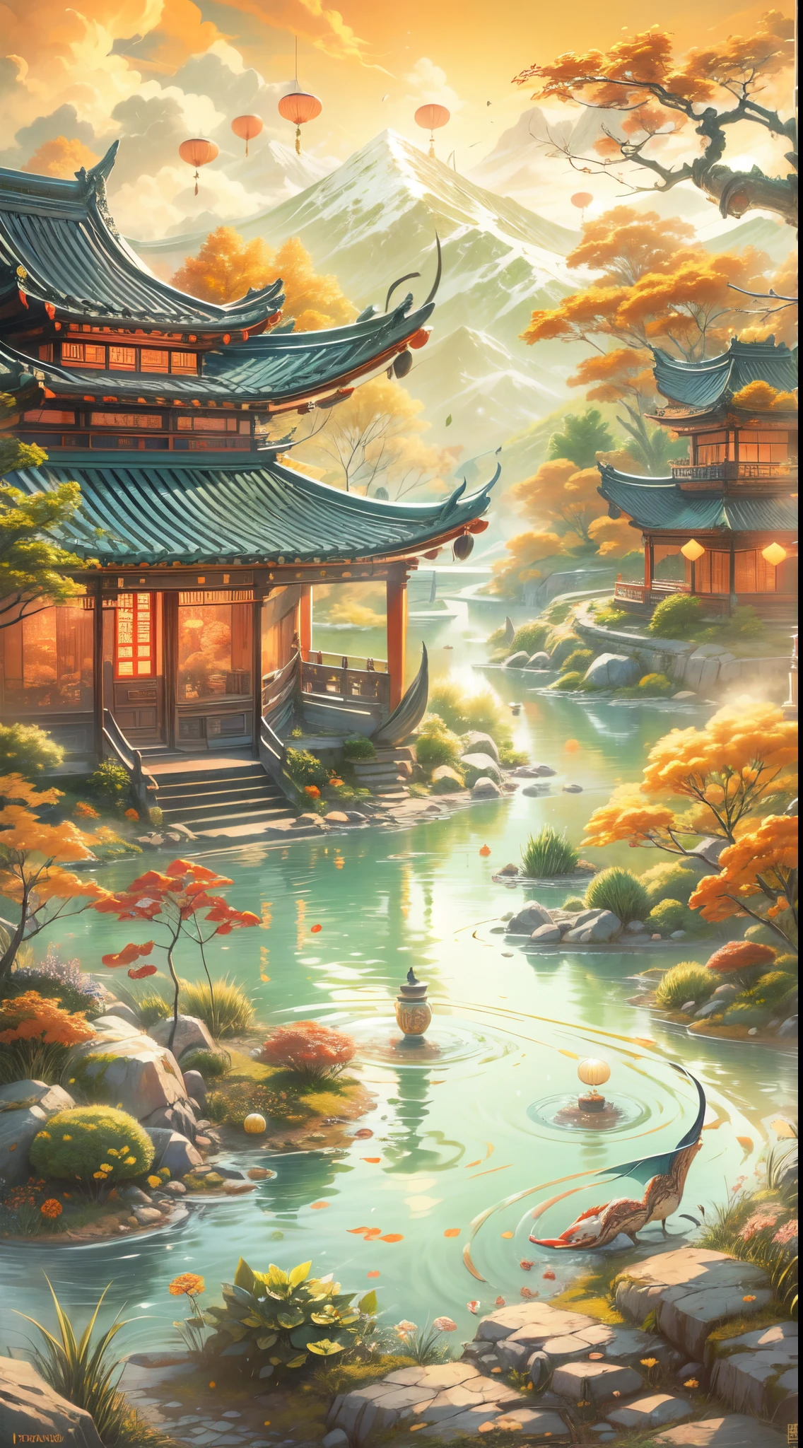 image of a Chinese style utopian world,vector illustration,peaceful,serene atmosphere,breathtaking scenery,harmonious nature,lush green mountains and flowing rivers,colorful blooming flowers,bamboo forests and pagodas,ancient architecture and traditional houses,lotus ponds with koi fish,sunshine filtering through bamboo leaves,golden autumn leaves floating in the air,tranquil lakes reflecting the clear blue sky,snow-capped mountains in the distance,majestic waterfalls cascading down cliffs,gentle breeze rustling the leaves,people practicing tai chi in the park,bright lanterns lighting up the streets,traditional festivals with dragon dances and fireworks,bustling marketplaces filled with vibrant colors and exotic goods,tasty street food vendors selling steaming dumplings and spicy noodles,ancient temples with incense smoke wafting in the air,serene garden with beautifully manicured bonsai trees,people wearing elegant silk clothing and traditional hanfu,peaceful teahouses with tea ceremonies and bamboo utensils,classic Chinese paintings and calligraphy adorning the walls,dragon boats gliding on the river during the Dragon Boat Festival,breathtaking sunrise and sunset over the mountains and rivers,cultural traditions and customs passed down through generations,feeling like stepping into a dream,immersed in the beauty and tranquility of this Chinese utopian world.
(best quality,4k,8k,highres,masterpiece:1.2),ultra-detailed,(realistic,photorealistic,photo-realistic:1.37),classic brushwork,Chinese ink wash painting,traditional hand-painted look,warm color palette,soft lighting to enhance the peaceful atmosphere.