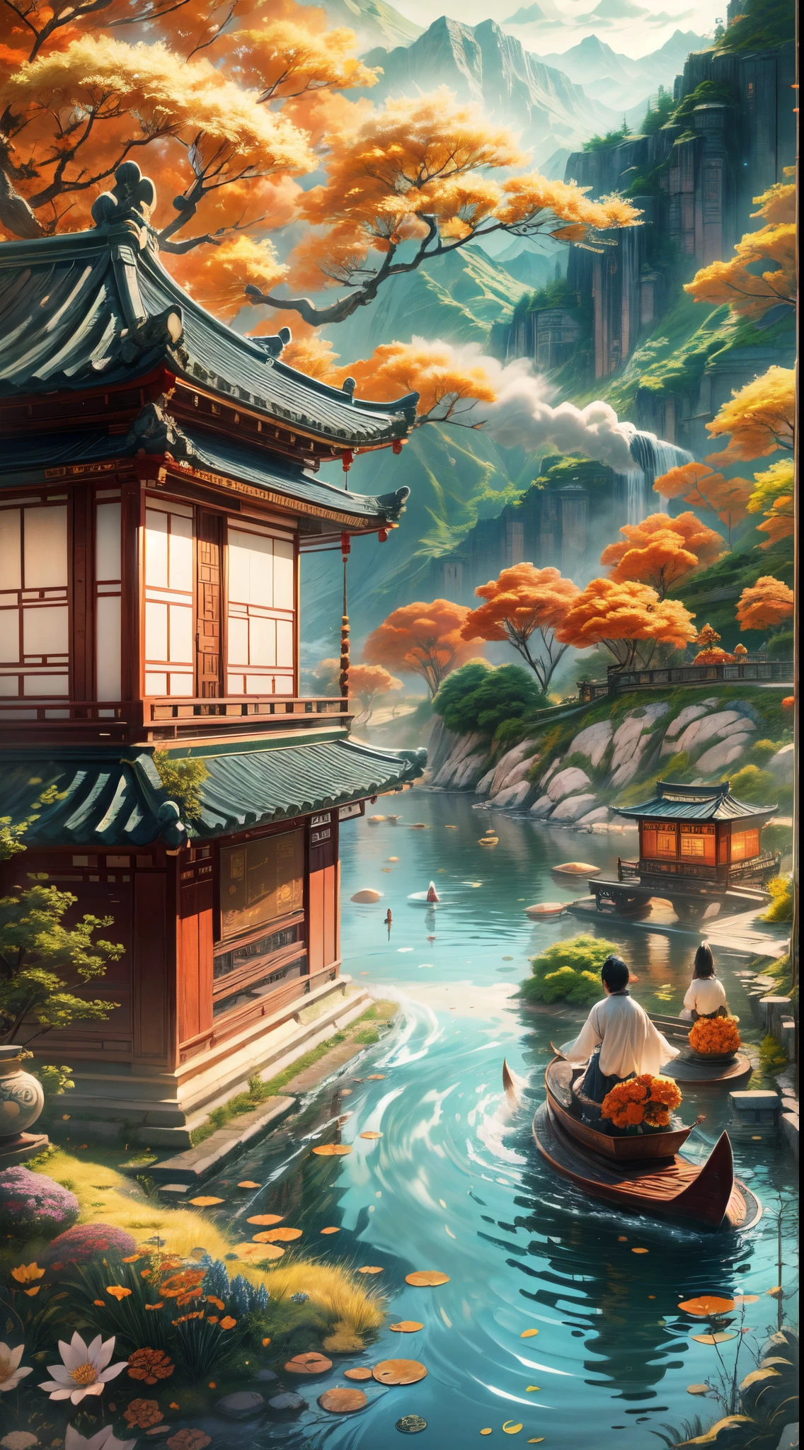 image of a Chinese style utopian world,vector illustration,peaceful,serene atmosphere,breathtaking scenery,harmonious nature,lush green mountains and flowing rivers,colorful blooming flowers,bamboo forests and pagodas,ancient architecture and traditional houses,lotus ponds with koi fish,sunshine filtering through bamboo leaves,golden autumn leaves floating in the air,tranquil lakes reflecting the clear blue sky,snow-capped mountains in the distance,majestic waterfalls cascading down cliffs,gentle breeze rustling the leaves,people practicing tai chi in the park,bright lanterns lighting up the streets,traditional festivals with dragon dances and fireworks,bustling marketplaces filled with vibrant colors and exotic goods,tasty street food vendors selling steaming dumplings and spicy noodles,ancient temples with incense smoke wafting in the air,serene garden with beautifully manicured bonsai trees,people wearing elegant silk clothing and traditional hanfu,peaceful teahouses with tea ceremonies and bamboo utensils,classic Chinese paintings and calligraphy adorning the walls,dragon boats gliding on the river during the Dragon Boat Festival,breathtaking sunrise and sunset over the mountains and rivers,cultural traditions and customs passed down through generations,feeling like stepping into a dream,immersed in the beauty and tranquility of this Chinese utopian world.
(best quality,4k,8k,highres,masterpiece:1.2),ultra-detailed,(realistic,photorealistic,photo-realistic:1.37),classic brushwork,Chinese ink wash painting,traditional hand-painted look,warm color palette,soft lighting to enhance the peaceful atmosphere.