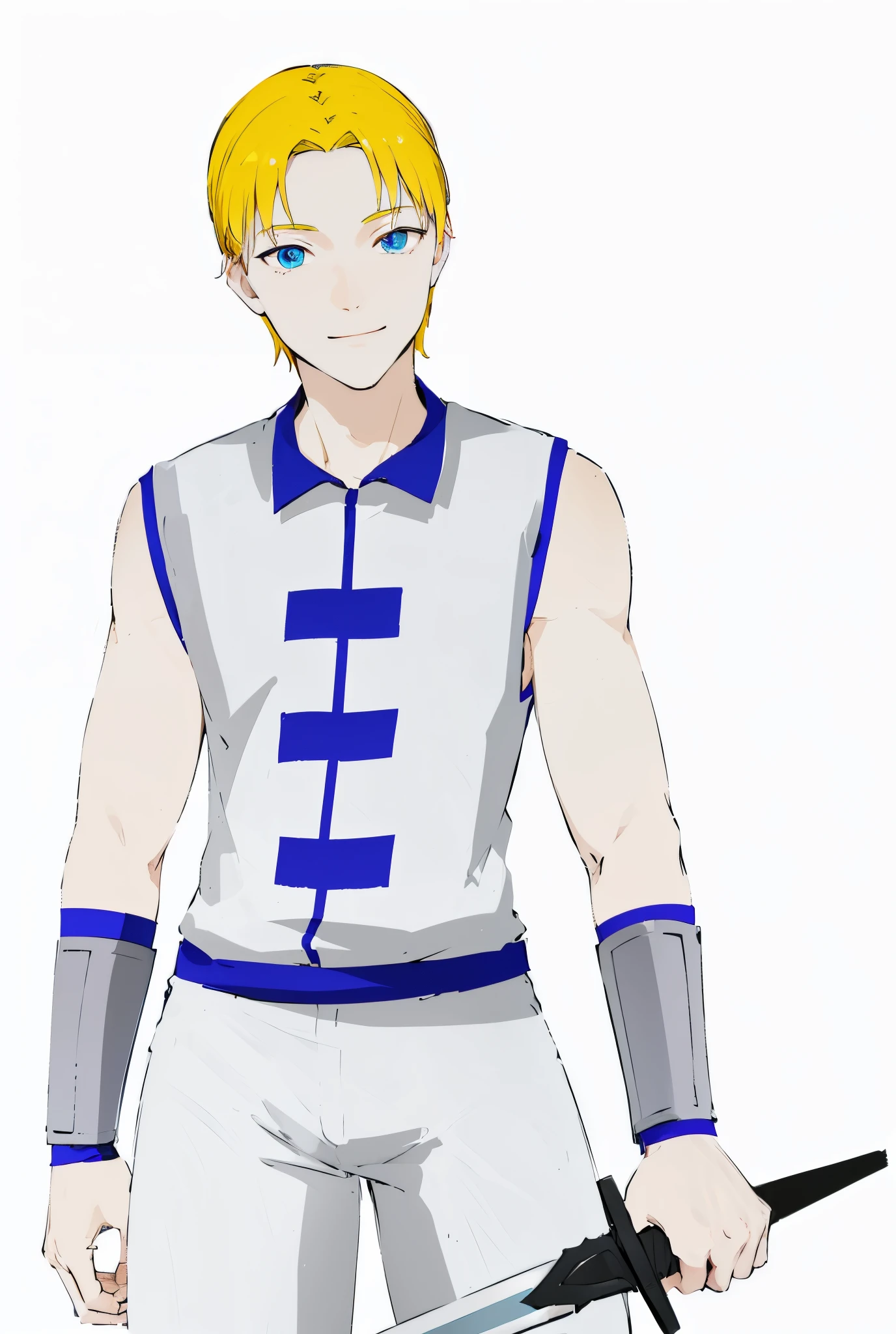 Anime blonde haired smiling boy with white and blue uniform holding a sword