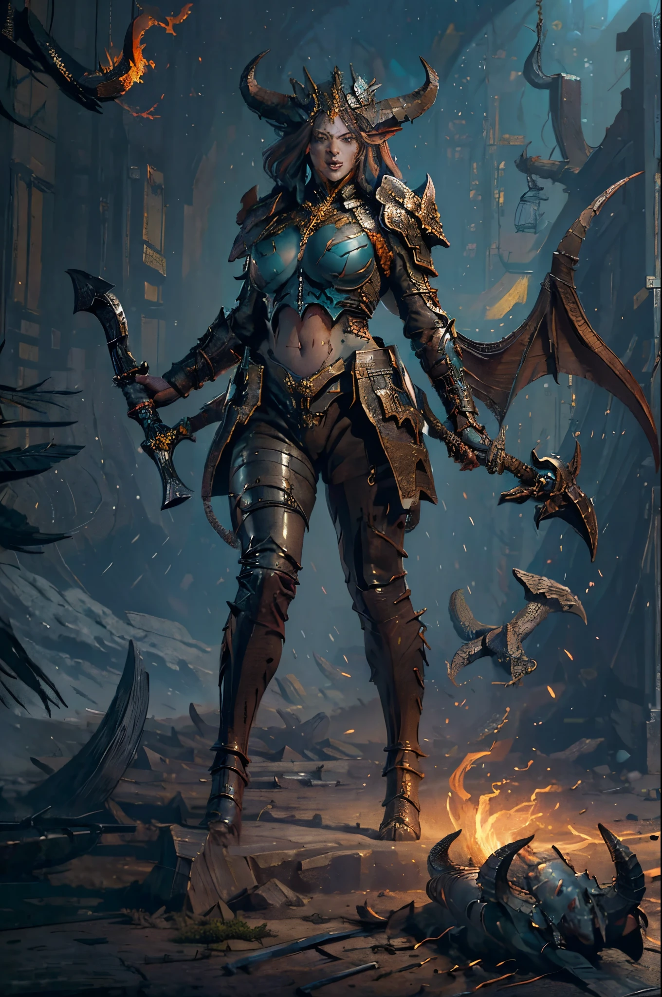 ((Sculpture design)),((full body portrait of person:1.6)),((undying)),((tmasterpiece)),Create a logo according to the:(femele:1.4), ((tmasterpiece, Best quality at best)), Dressed in D14bl0 style,femele,'erocious,The demons,Dragons,Ridiculously large horns,Devil wings,Black skin, Well-developed muscles, (()),White hair, Detailed background depth of field,Wear military uniforms,Pick up the axe,Red-eyed,Stand at the highest part of the city,Observe the city,Under the demon army,Epic war fantasy digital art,tmasterpiece,high high quality,8K,UHD resolution,Detailed detail drawing,realistically,Very realistic,电影灯光,an award winning photograph,plethora of colors,Hyper-realistic and realistic texture,dramatic lights,((Detailed faces)),詳細な目,((Sinister laughter)),((Plump)),((Anatomically perfect proportionig chest and thin waist)),((Clean skin)),((anatomically correct limbs)),((correct hand)),((Complete and beautiful five fingers)),(greg rutkovsky:0.8), (Teal and orange:0.4),