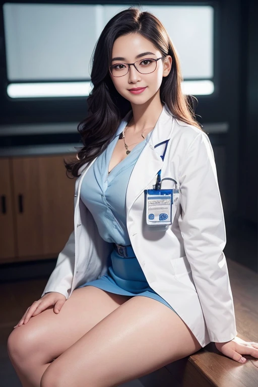 Photorealistic beautiful doctor、stunningly beautiful、doctors white coat, Collared shirt、(top-quality、8K、32K、masterpiece、nffsw:1.3)、超A high resolution,(Photorealsitic:1.4),Raw photography, Detailed face,,Beautiful hair, ((Doctor Style)), , Blue tight skirt、 Natural makeup,, medium full breasted、inside hospital, Detailed background, Perfect Lighting, depth of fields, Beautiful shadow gradient,stethoscope , Smile Face, lipsticks, eye glasses, Full body capture, fullllbody, Legs wide open, Open legs, look to the camera, Eye for detail, Beautiful eyes