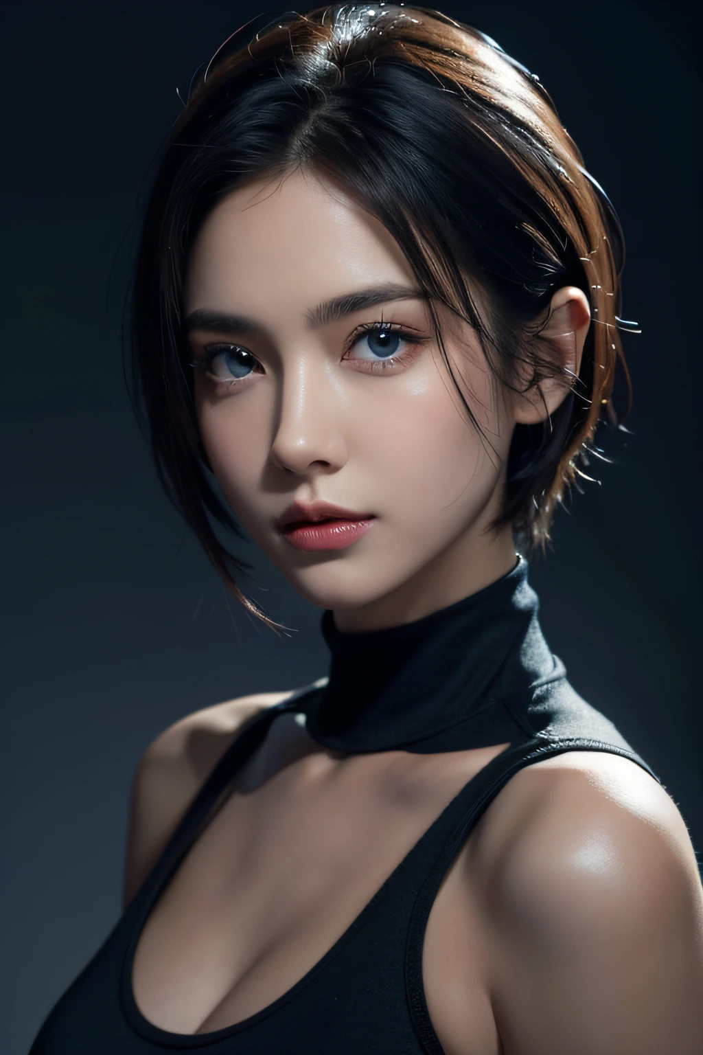 Skin Tight Black Top:1.3, Looking at Viewer, Cinematic lighting, Perfect, softlight, High resolution skin:1.2, Realistic skin texture, Realistic face, off shoulders, Exposed cleavage, Blue eyes, Short hair,