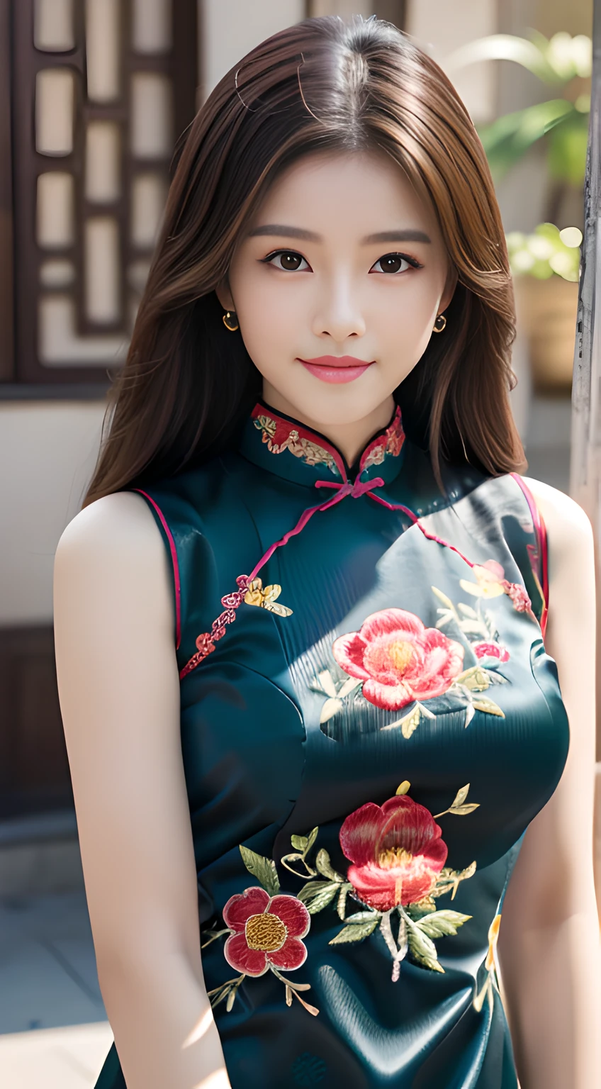 ulzzang -6500-v1.1, (Raw foto:1.2), (Photorealsitic:1.4), Delicate beautiful girl，The sparkling eyes have a very nice atmosphere........................，13years, Attractive eyes and moist lips，cabelos preto e longos，（ssmile：1.3），Detailed depiction of the face，Formula details，Detailed depiction of facial features Star Masterpiece Fine Detail，Describe your role in detail，Detailed depiction of hair，Carefully drawn ，My body is bumpy，Detailed depiction of the hand，Clothes drawn in detail，Detailed depiction of the face，face perfect，Detailed depiction of the hand，4fingers and 1thumb：1.3），orthofacial，choker necklace，eardrop, Works of masters，Infinitely close to reality，（Full body photo：1.5），Highest image quality，best qualtiy，infinite details，8K分辨率，(((Beautiful patterned embroidered cheongsam 1.3)))，((dark green cheongsam dress)))，（Ancient courtyard scene：1.3）,A smile, Constriction of the lower back, sexy  pose,Bold poses, Beautiful legs visible through the slit of a long skirt, large full breasts, neatly tied hair