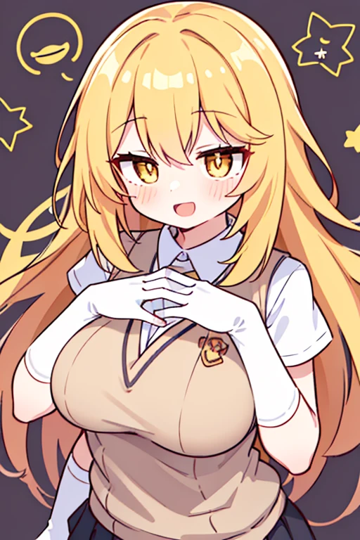 Misaki Shokuhou, Misaki Shokuhou, Blonde hair, hair between eye, Long hair, (symbol-shaped pupils:1.5), (Yellow eyes:1.5), Break Elbow Gloves, (Light brown sweater vest:1.2), (Black bra), cleavage cutout, Pleated skirt, Miniskirt, (Best Quality, 8K, 32K, masutepiece, nffsw:1.3), 1girl in, (Slender figure, Perfect body :1.2), ((Very detailed)), (Perfectly detailed face), (Highly detailed hands), Smile, blush, Open mouth, hands on own breasts, Large breasts, White background,