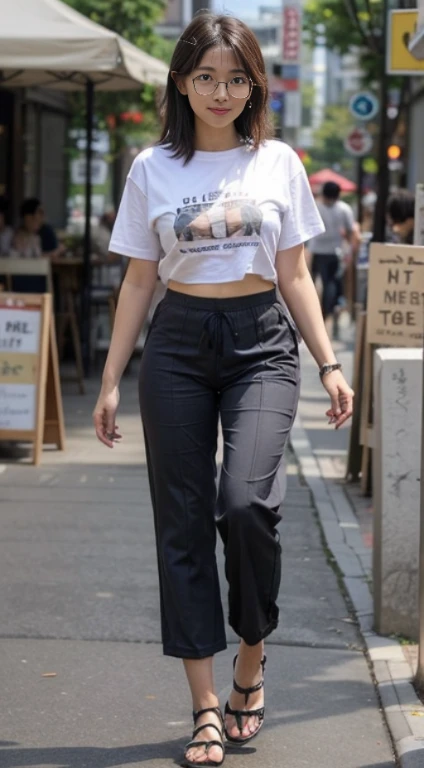,(tanned skin:1.3), japanese female,mascular thighs,sport jersey pants,white t-shirt,curvy,legs focus,standing at train,sandals,natural black hair,