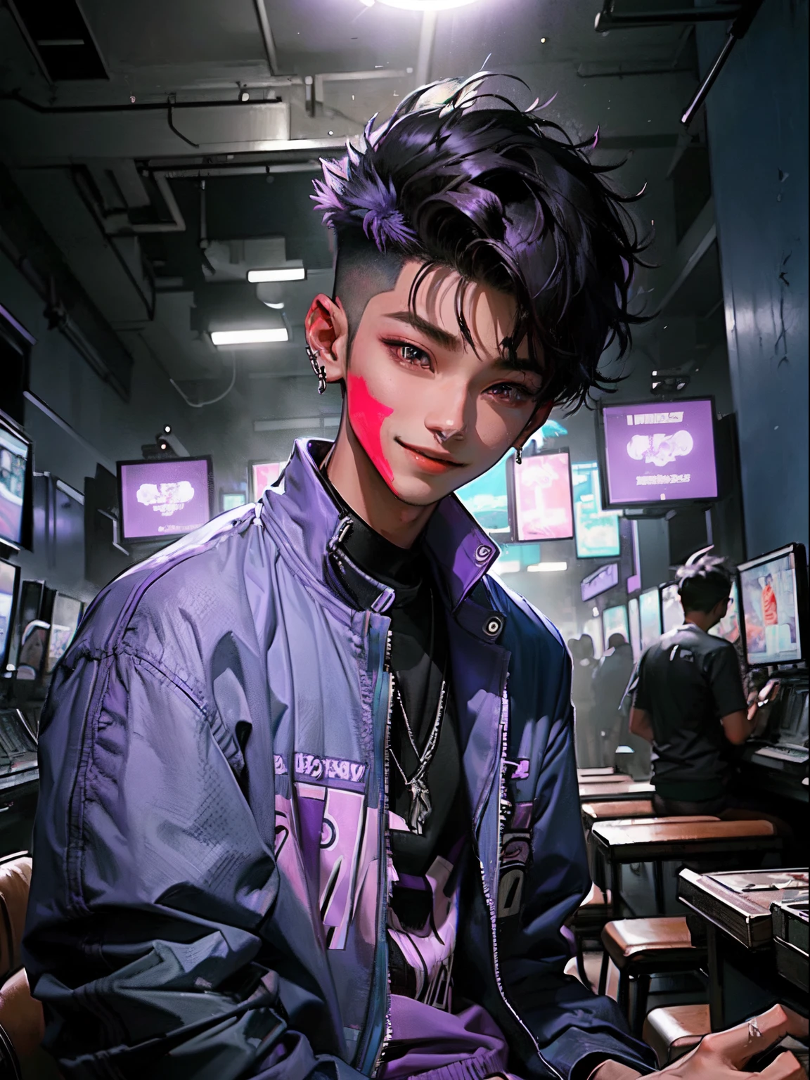 kpop young boy with fade cut dark purple, attractive open purple jacket with dark blue shirts, smile, attractive, casino background, popstar, He has a normal Putt Putt Troll appearance overall, casino background