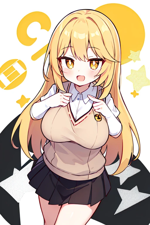 Misaki Shokuhou, Misaki Shokuhou, Blonde hair, hair between eye, Long hair, (symbol-shaped pupils:1.5), (Yellow eyes:1.5), Break Elbow Gloves, (Light brown sweater vest:1.2), (Black bra), cleavage cutout, Pleated skirt, Miniskirt, (Best Quality, 8K, 32K, masutepiece, nffsw:1.3), 1girl in, (Slender figure, Perfect body :1.2), ((Very detailed)), (Perfectly detailed face), (Highly detailed hands), Smile, blush, Open mouth, hands on own breasts, Large breasts, White background,