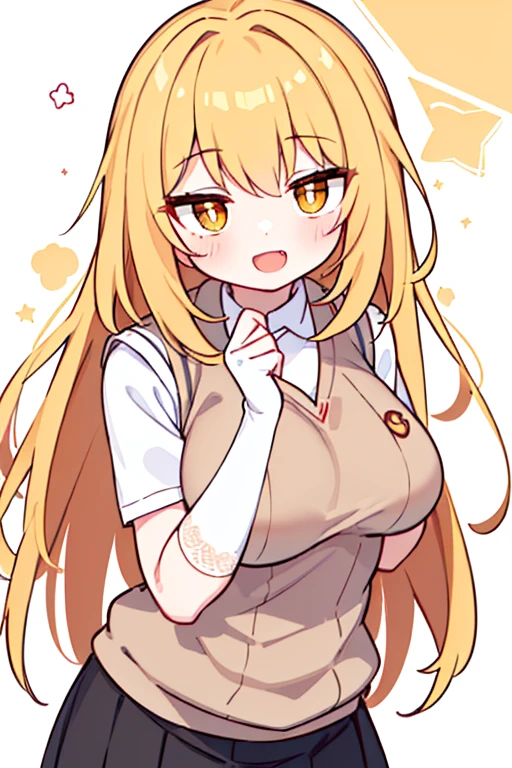 Misaki Shokuhou, Misaki Shokuhou, Blonde hair, hair between eye, Long hair, (symbol-shaped pupils:1.5), (Yellow eyes:1.5), Break Elbow Gloves, (Light brown sweater vest:1.2), (Black bra), cleavage cutout, Pleated skirt, Miniskirt, (Best Quality, 8K, 32K, masutepiece, nffsw:1.3), 1girl in, (Slender figure, Perfect body :1.2), ((Very detailed)), (Perfectly detailed face), (Highly detailed hands), Smile, blush, Open mouth, hands on own breasts, Large breasts, White background,