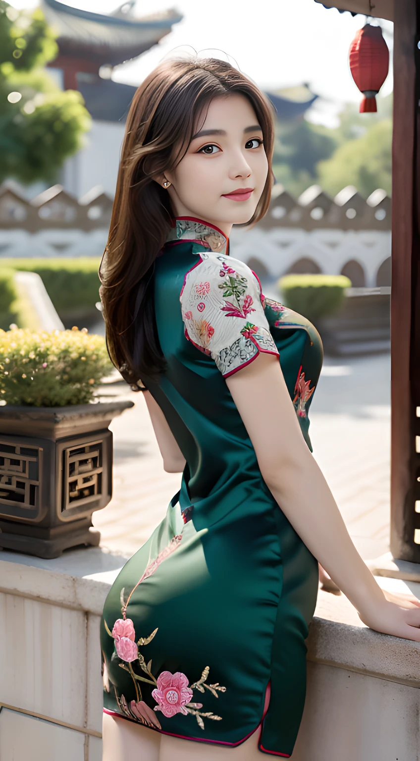 ulzzang -6500-v1.1, (Raw foto:1.2), (Photorealsitic:1.4), Delicate beautiful girl,The sparkling eyes have a very nice atmosphere........................,13years, Attractive eyes and moist lips,cabelos preto e longos,(ssmile:1.3),Detailed depiction of the face,Formula details,Detailed depiction of facial features Star Masterpiece Fine Detail,Describe your role in detail,Detailed depiction of hair,Carefully drawn ,My body is bumpy,Detailed depiction of the hand,Clothes drawn in detail,Detailed depiction of the face,face perfect,Detailed depiction of the hand,4fingers and 1thumb:1.3),orthofacial,choker necklace,eardrop, Works of masters,Infinitely close to reality,(Full body photo:1.5),Highest image quality,best qualtiy,infinite details,8K分辨率,(((Beautiful patterned embroidered cheongsam 1.3))),((dark green cheongsam dress))),(Ancient courtyard scene:1.3),A smile, Constriction of the lower back, sexy pose,Bold poses, Beautiful legs visible through the slit of a long skirt, large full breasts, neatly tied hair