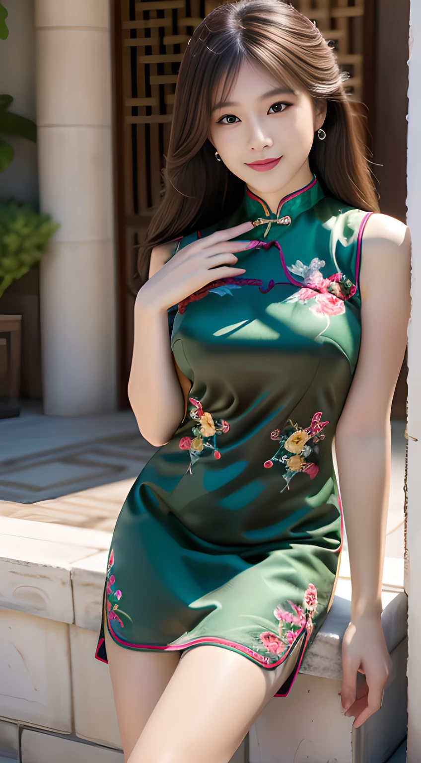 ulzzang -6500-v1.1, (Raw foto:1.2), (Photorealsitic:1.4), Delicate beautiful girl,The sparkling eyes have a very nice atmosphere........................,13years, Attractive eyes and moist lips,cabelos preto e longos,(ssmile:1.3),Detailed depiction of the face,Formula details,Detailed depiction of facial features Star Masterpiece Fine Detail,Describe your role in detail,Detailed depiction of hair,Carefully drawn ,My body is bumpy,Detailed depiction of the hand,Clothes drawn in detail,Detailed depiction of the face,face perfect,Detailed depiction of the hand,4fingers and 1thumb:1.3),orthofacial,choker necklace,eardrop, Works of masters,Infinitely close to reality,(Full body photo:1.5),Highest image quality,best qualtiy,infinite details,8K分辨率,(((Beautiful patterned embroidered cheongsam 1.3))),((dark green cheongsam dress))),(Ancient courtyard scene:1.3),A smile, Constriction of the lower back, sexy pose,Bold poses, Beautiful legs visible through the slit of a long skirt, large full breasts, neatly tied hair