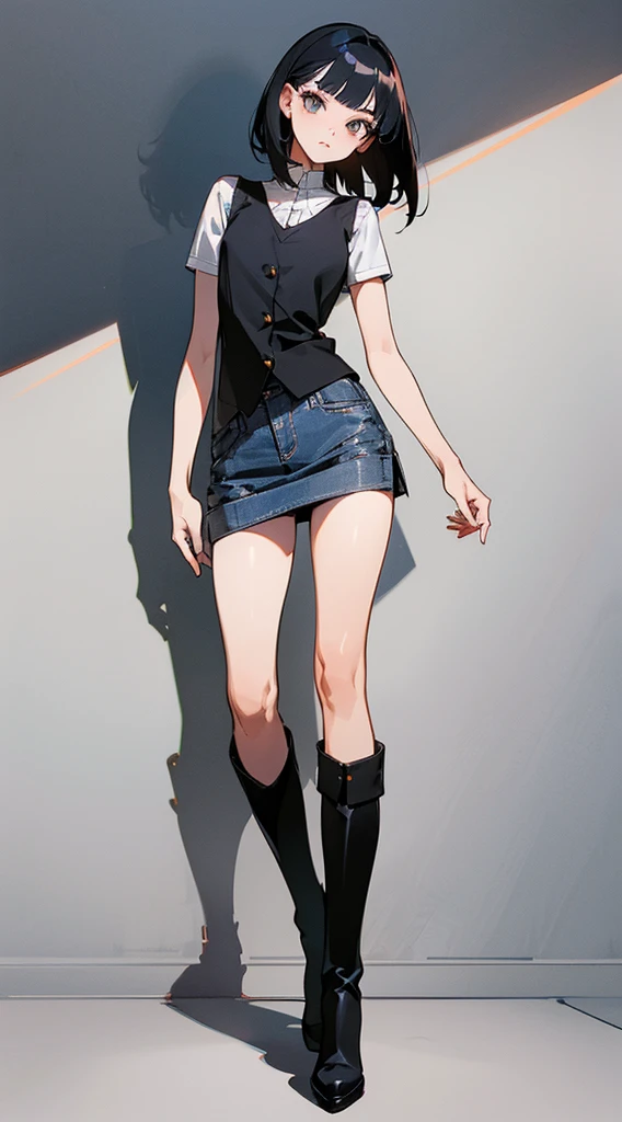 illustration, 2.5D, flat colors: 1.3, Line-Art, black and white, (detailed lights, detailed shadows),arafed woman in a short skirt and knee high boots posing for a picture, photo of slim girl model, wearing a camisole and boots, full body cute young lady, korean women's fashion model, 155 cm tall, 165 cm tall, mini jeans skirt, casual modern clothing, wearing black vest and skirt, minkirt, high boots((modern clothes )) Looking at the Viewer, looking at the camera,