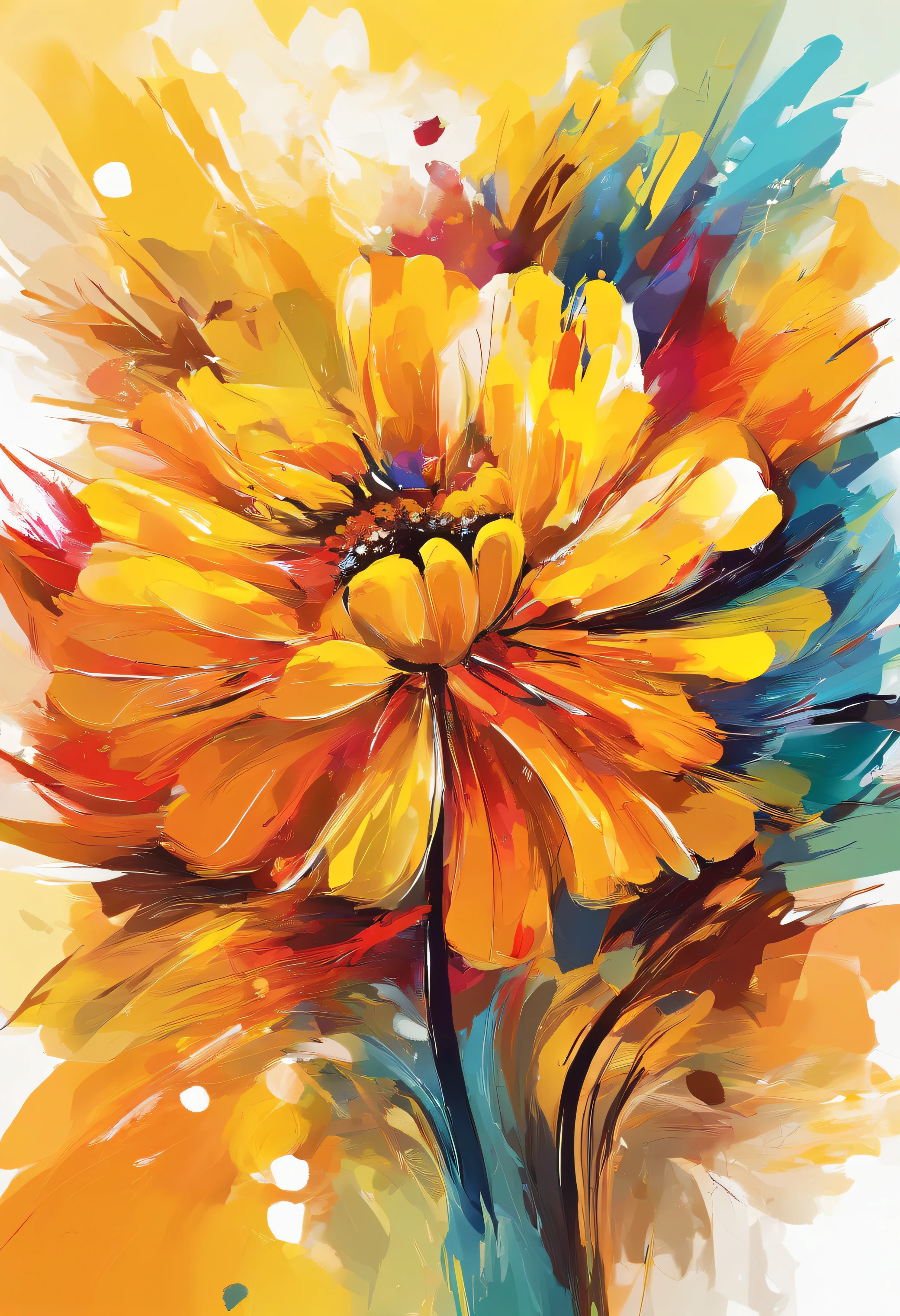 Draw an abstract painting of a single flower.,bright yellow tagetes flowers、use acrylic paint、Abstract artist known for his unique use of acrylic pouring, real brush strokes,aesthetic composition,Minimal style, Powerful and dynamic stroke、energetic shape、Bright yellow Tagetes symbolize hope and optimism.、express positive energy、The main colors of the work are bright and vivid tones.....、Add moist compacted sand、Enhances the texture and tactile elements of your artwork, While staring at this image, oot、Interaction of color and texture、Enjoy the optimistic atmosphere、guided by optimism