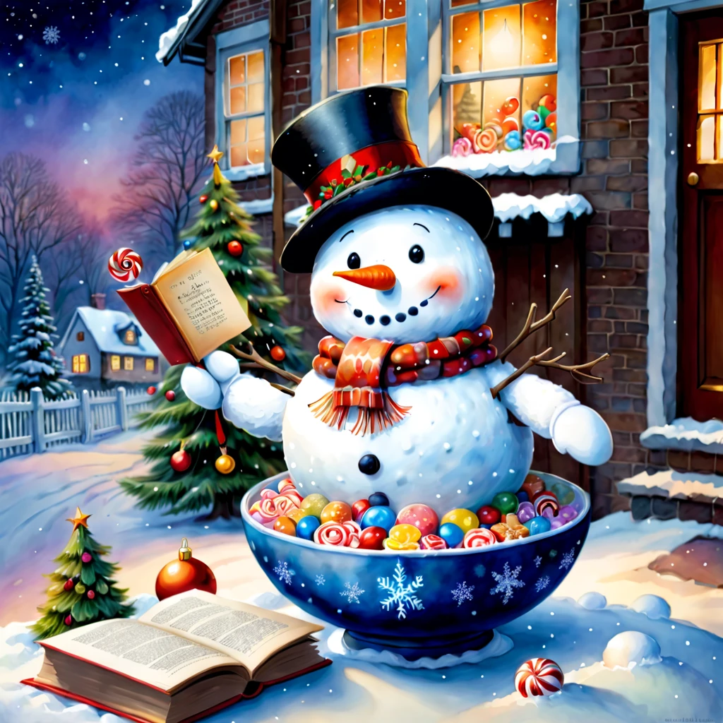 (Faraway view: 1.8), christmas,(Cute snowman holding a book and a bag of candy, Pour the snowflakes into a bowl),The robin lands on the snowman's head,Christmas elements,illustratio, Children's book illustration, inspired by Doug Ohlson, Add details, , sugar snow, delicacy, festivity, snowflower,Paintings by Alison Debenham, cover illustration,超高分辨率, illustratio, Christmas evening, extremely high resolution, hyper realisitc,Exquisite、Best quality、ultra - detailed、nice、Positioning details、colorful colorful, ((Heavy watercolor painting)), ((watercolour painting style))