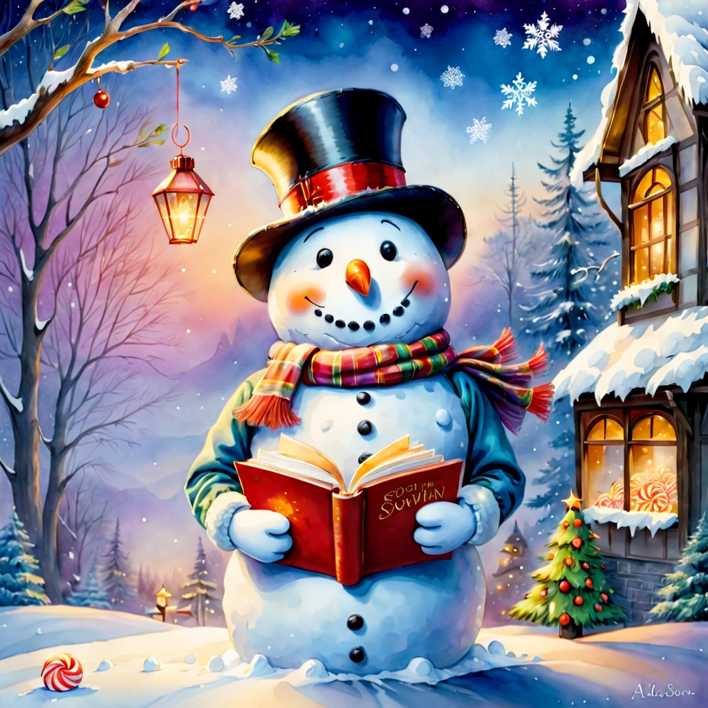 (Faraway view: 1.8), christmas，(Cute snowman holding a book and a bag of candy, Pour the snowflakes into a bowl)，The robin lands on the snowman&#39;s head，Christmas elements，illustratio, Children's book illustration, inspired by Doug Ohlson, Add details, , sugar snow, delicacy, festivity, snowflower,Paintings by Alison Debenham, cover illustration，超高分辨率, illustratio, Christmas evening, extremely high resolution, hyper realisitc，Exquisite、Best quality、ultra - detailed、nice、Positioning details、colorful colorful, ((Heavy watercolor painting)), ((watercolour painting style))