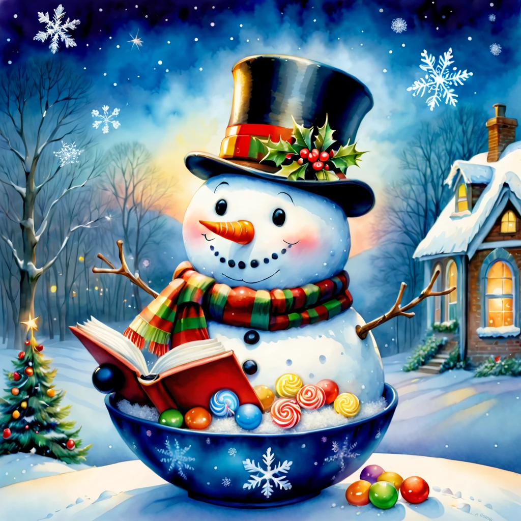 (Faraway view: 1.8), christmas,(Cute snowman holding a book and a bag of candy, Pour the snowflakes into a bowl),The robin lands on the snowman's head,Christmas elements,illustratio, Children's book illustration, inspired by Doug Ohlson, Add details, , sugar snow, delicacy, festivity, snowflower,Paintings by Alison Debenham, cover illustration,超高分辨率, illustratio, Christmas evening, extremely high resolution, hyper realisitc,Exquisite、Best quality、ultra - detailed、nice、Positioning details、colorful colorful, ((Heavy watercolor painting)), ((watercolour painting style))