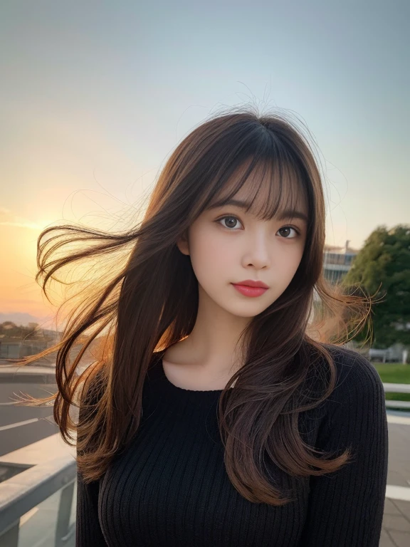 Detailed details,、hight resolution、hightquality、Perfect dynamic composition、Beautiful detailed eyes、Long、Small breasts、Natural Color Lip、Kamimehibuya、20 years girl、1 persons、Transparent skin、Glowing hair、masutepiece、Best Quality、finely detail、hight resolution、8K、The correct state of the human body、Wearing a black knitted dress、randome pose、Gravure Model Pose、Hair soaring in the wind