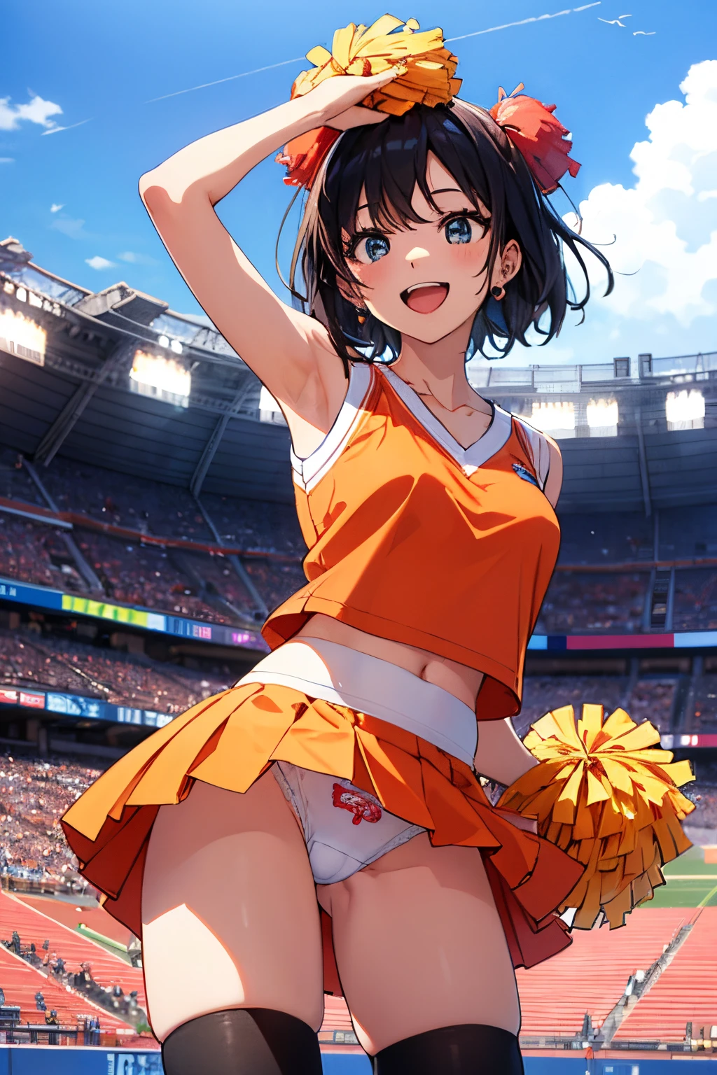 very cute and beautiful cheerleader girl,(highly detailed beautiful face and eyes:1.2),(holding pom poms:1.2),(laugh),
(stadium stands),cowboy shot,dynamic pose,zettai ryouiki,(sleeveless orange shirt),beautiful legs,skirt lift,white panties,dynamic angle,black hair,
(best quality,masterpiece:1.2),intricate details,ultra-detailed,highres,1 girl,looking at viewer,
natural lighting,hair fluttering in the wind,beautiful detailed sky,