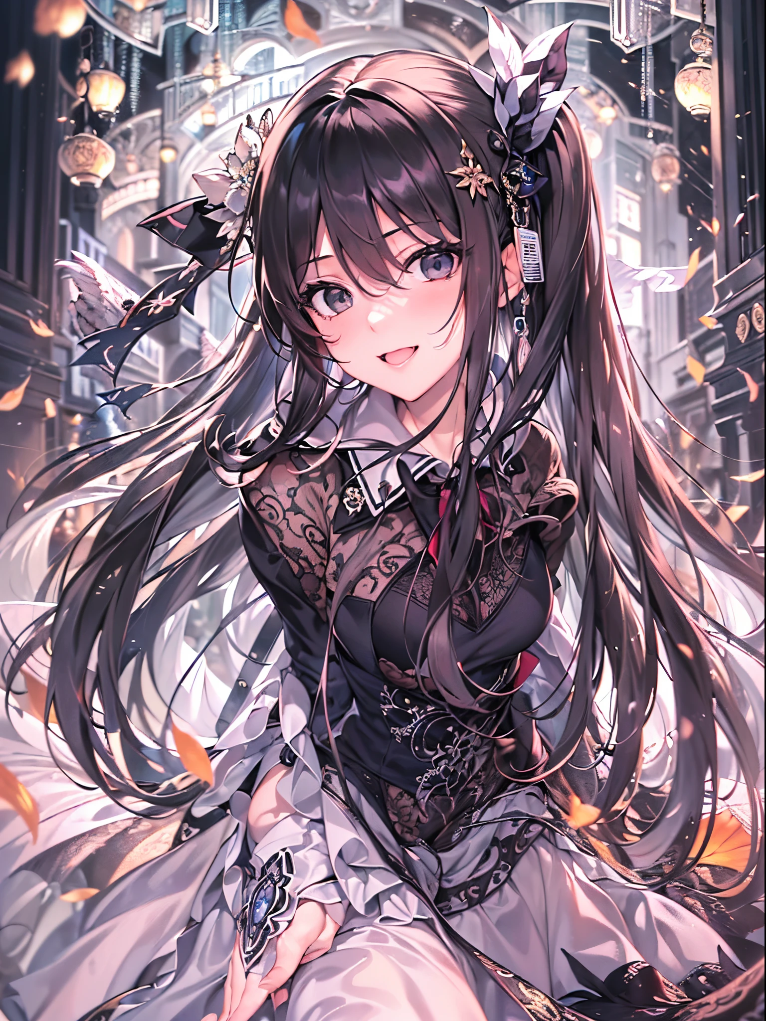 ((Finest quality)),(超A high resolution),(ultra-detailliert),(Meticulous portrayal),((Best Anime)),(Finest works of art),(Ultra-Precision Art),(The art of astounding depiction,Overwhelming depiction:1.5),(intricate and detailed art:1.6),(1 girl:1.5),Well-manicured shiny black hair:1.6,(Black eyes that hide madness:1.5),A smile that hides madness:1.6, (she wants to possess you:1.6),Possessiveness:1.8