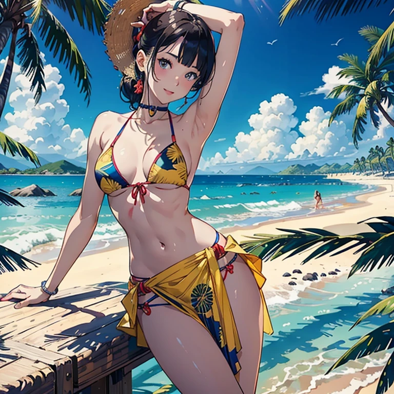 ​masterpiece、top-quality、超A high resolution、 [ 4 k digital art ]!!、 8k high quality detailed art、Wallpaper、 Detailed Digital Anime Art、Realisticity、Cinema Angle、hposing Gravure Idol、((One Beautiful Girl))、cute  face、 (((Detailed depiction of a beautiful face)))、kindly smile、年轻、Bikini swimwear、Photorealistic perfect body、(Bold ethnic patterns wrapped around the waist and skirt and plenty of primary colors)、light Particle、llight rays、Tropical、Against the background of palm trees on both sides、on a sunny beach、Against the background of the sea、blur backgroun、