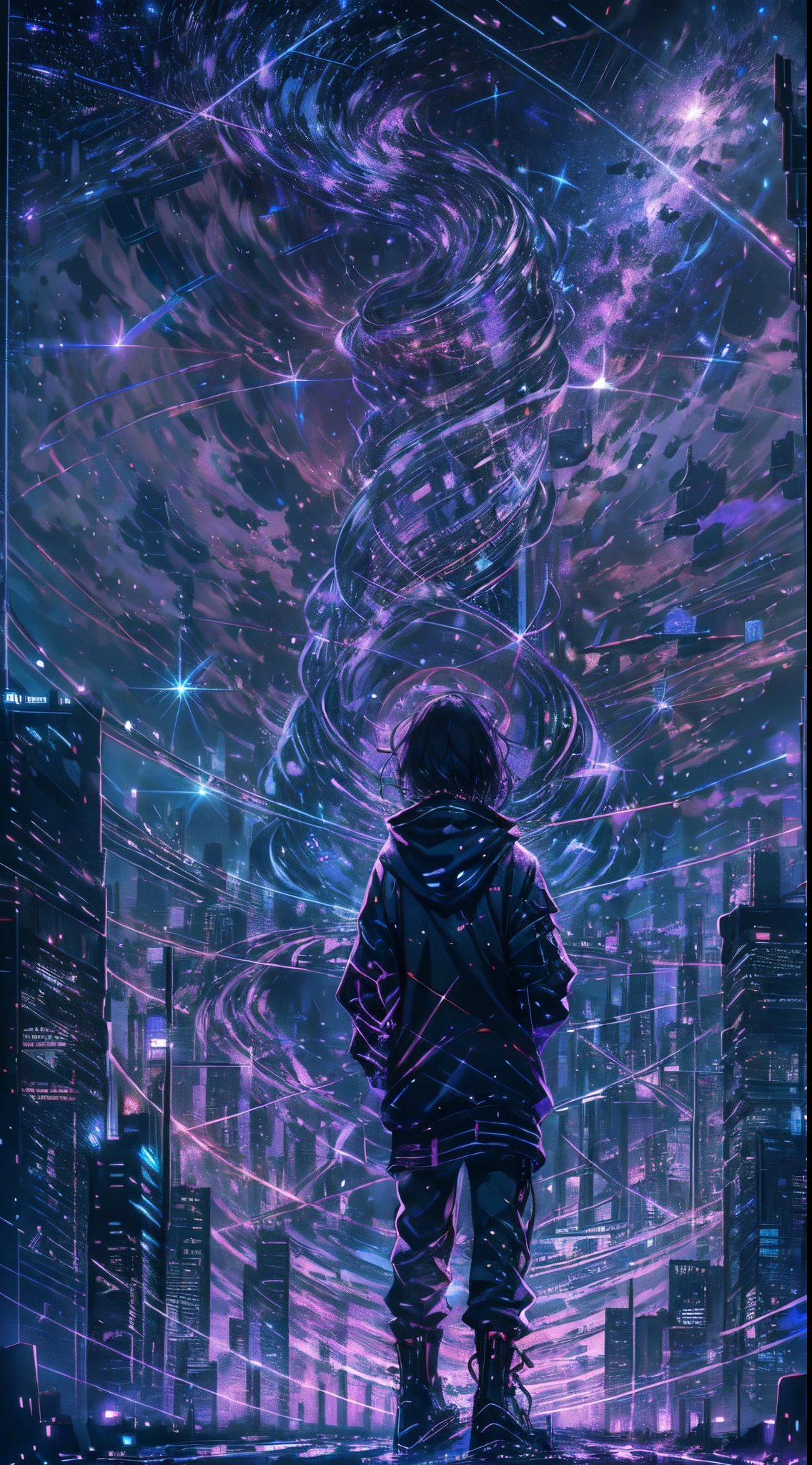 starry sky with the constellations of the zodiac, shades of purple as if they were nebulae, vast space, cyberpunk city at the bottom,