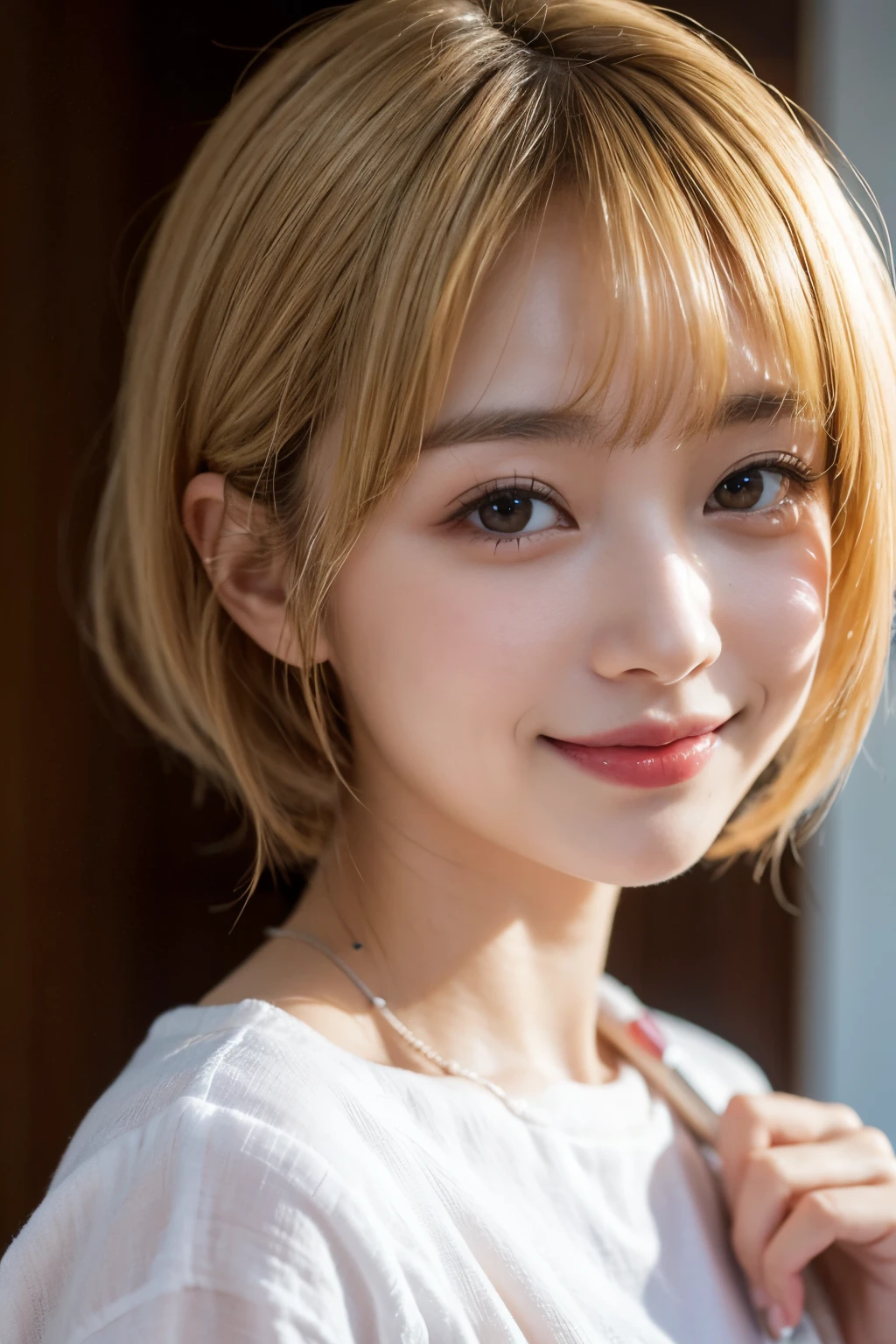 ((Highest quality、The pieces fly、High resolution、Zoom Photo))、(((Zoom Photo:1.95、Zoom Photo、Cute Smile:1.5、Cute Smile、Big Breasts、Short Hair、Blonde、bangs)))