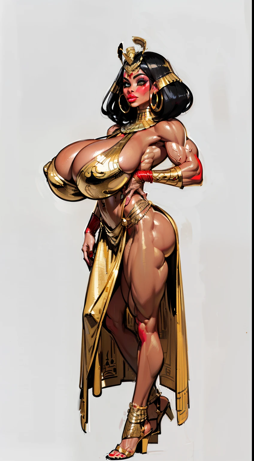((sketch lines)), ((side profile)), ((full body view:1.4)), ((masterpiece)),(((best quality))), ((egyptian empress, mature face)), ((middle eastern eyes:1.4)), ((Vulture crown:1.4)), (((septum piercing)), defined cheekbones, high cheekbones, illustration, ((muscular:1.3)), ((gold:1.4)), sexy bimbo, (gigantic breasts:1.7) ((long Egyptian headpiece)), black hair, ((detailed face:1.4)) beautiful woman, (egyptian:1.4), colored skin, (black skin:1.4) , (red lipstick:1.4), shiny skin, ((skindentation)), scribbles and marks,(puffy lips:1.4) , (temple: 1.5), ( at night: 1.5), rough sketches, pose, 8k,16k, ( background, white background: 1.3) ((warm color palette)), ((ancient aesthetic))