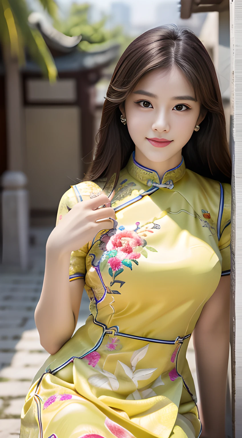 ulzzang -6500-v1.1, (Raw foto:1.2), (Photorealsitic:1.4), Delicate beautiful girl，The sparkling eyes have a very nice atmosphere.........................，13years, Attractive eyes and moist lips，cabelos preto e longos，（ssmile：1.3），Detailed depiction of the face，Formula details，Detailed depiction of facial features Star Masterpiece Fine Detail，Describe your role in detail，Detailed depiction of hair，Carefully drawn ，My body is bumpy，Detailed depiction of the hand，Clothes drawn in detail，Detailed depiction of the face，face perfect，Detailed depiction of the hand，4fingers and 1thumb：1.3），orthofacial，choker necklace，eardrop, Works of masters，Infinitely close to reality，（Full body photo：1.5），Highest image quality，best qualtiy，infinite details，8K分辨率，(((Beautiful patterned embroidered cheongsam 1.3)))，((Yellow cheongsam)))，（Ancient courtyard scene：1.3）,A smile, Constriction of the lower back, sexy  pose,Bold poses, Beautiful legs visible through the slit of a long skirt, large full breasts, neatly tied hair