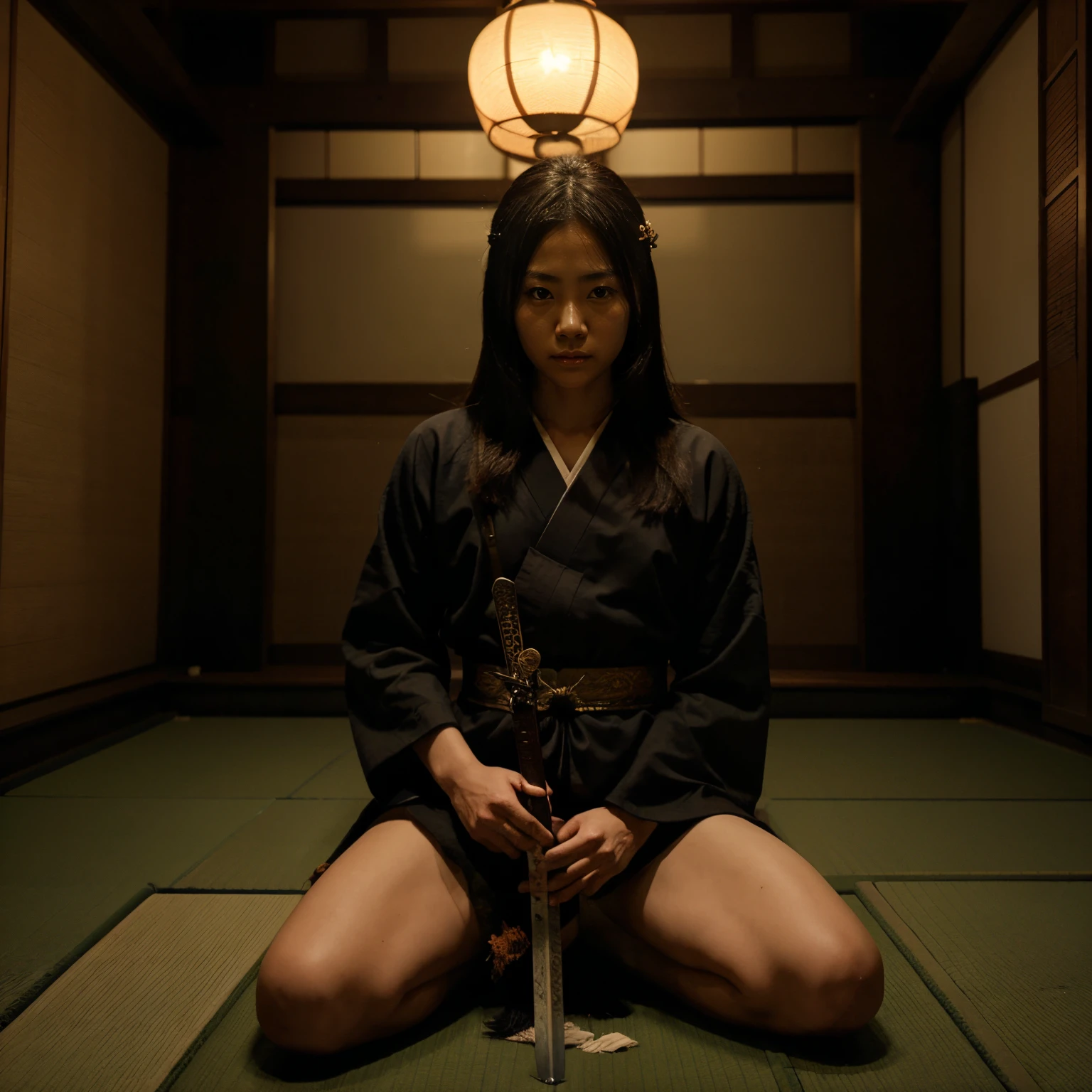 Japanese samurai girl, on one knee in the dark, left knee touch to ground, spot light, Japanese sword