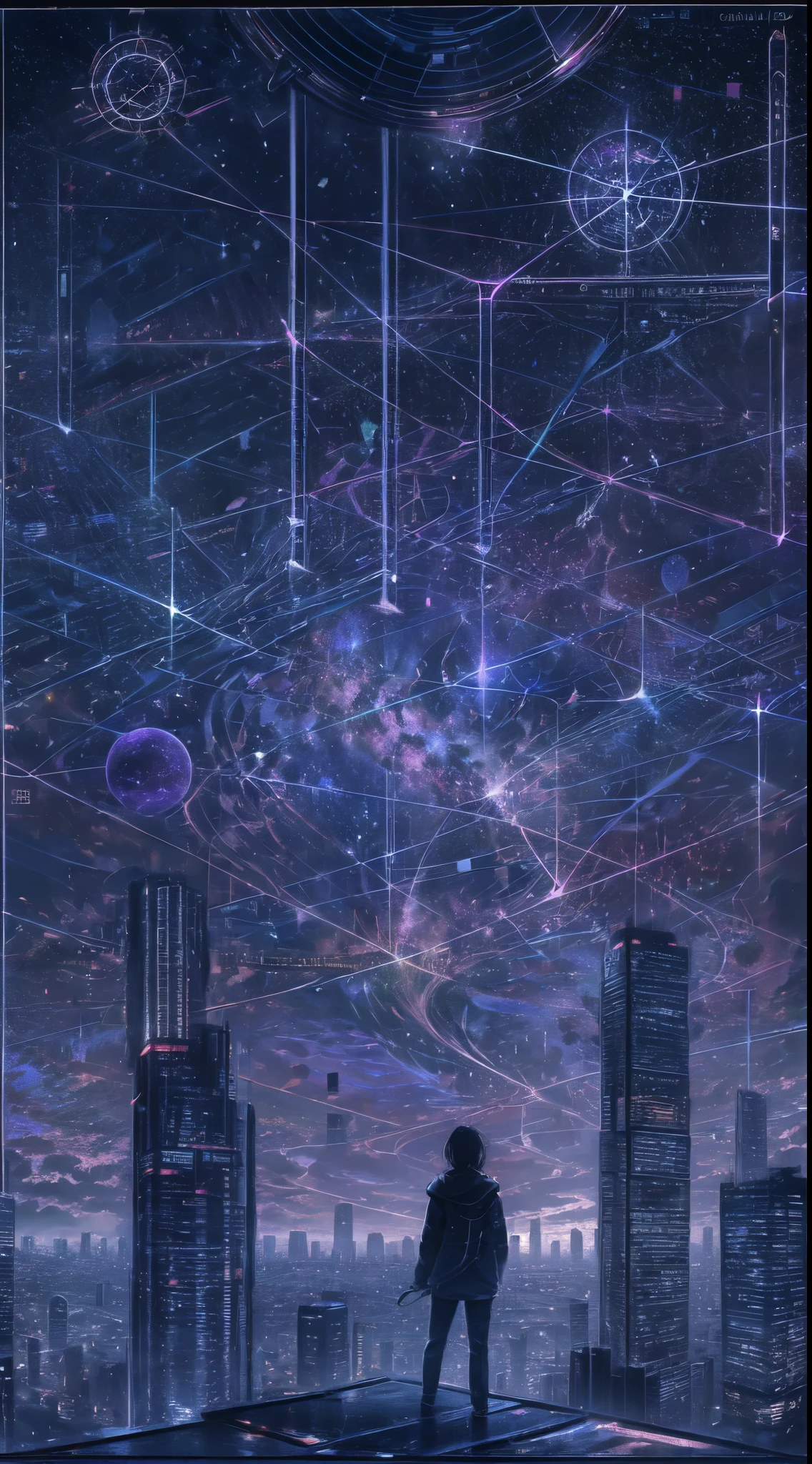 starry sky with the constellations of the zodiac, shades of purple as if they were nebulae, vast space, cyberpunk city at the bottom,