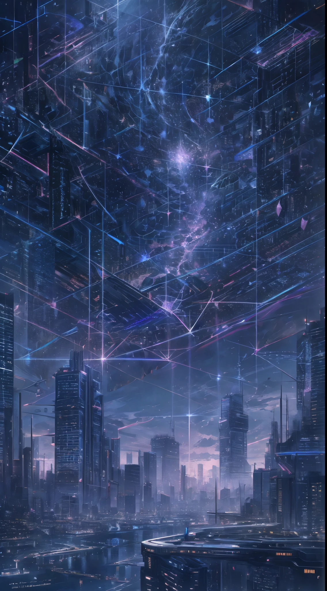 starry sky with the constellations of the zodiac, shades of purple as if they were nebulae, vast space, cyberpunk city at the bottom,