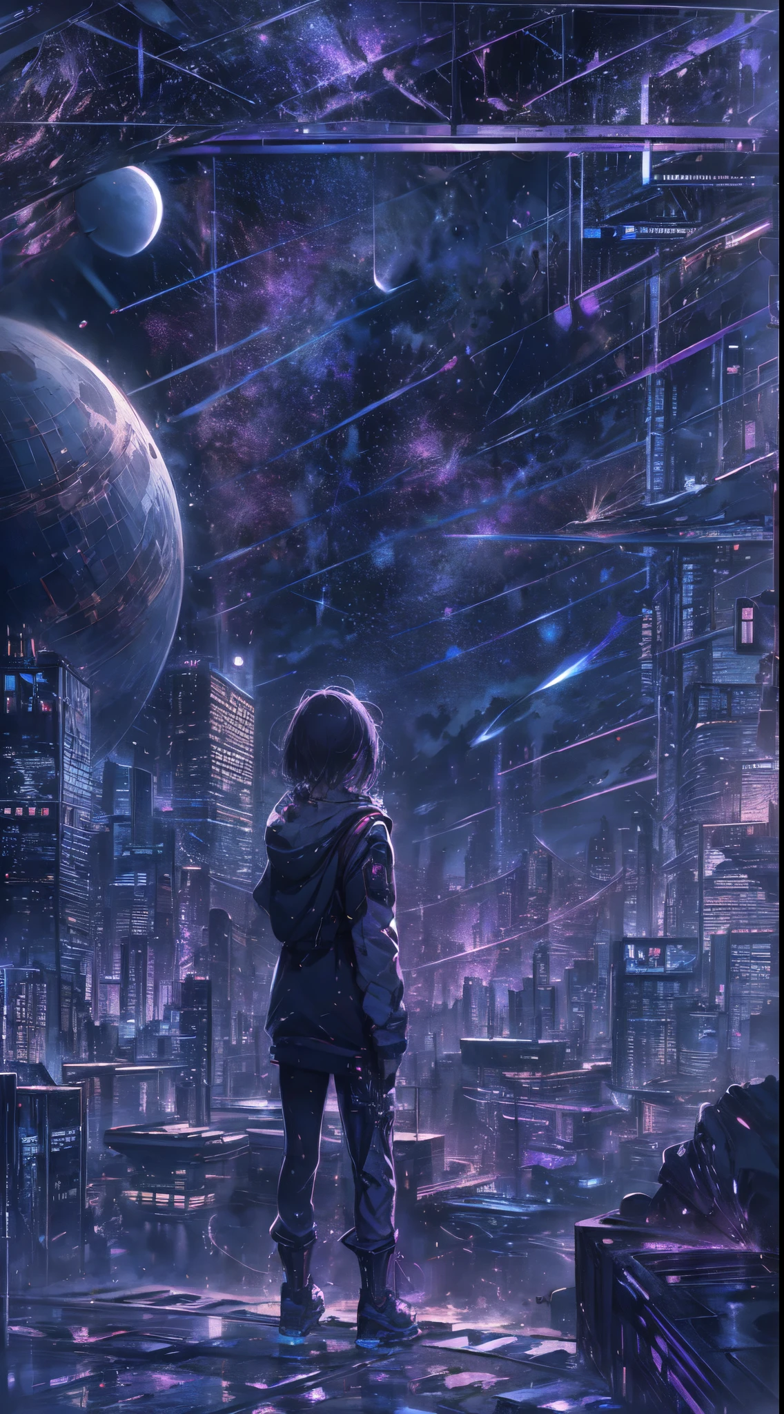 starry sky with the constellations of the zodiac, shades of purple as if they were nebulae, vast space, cyberpunk city at the bottom,