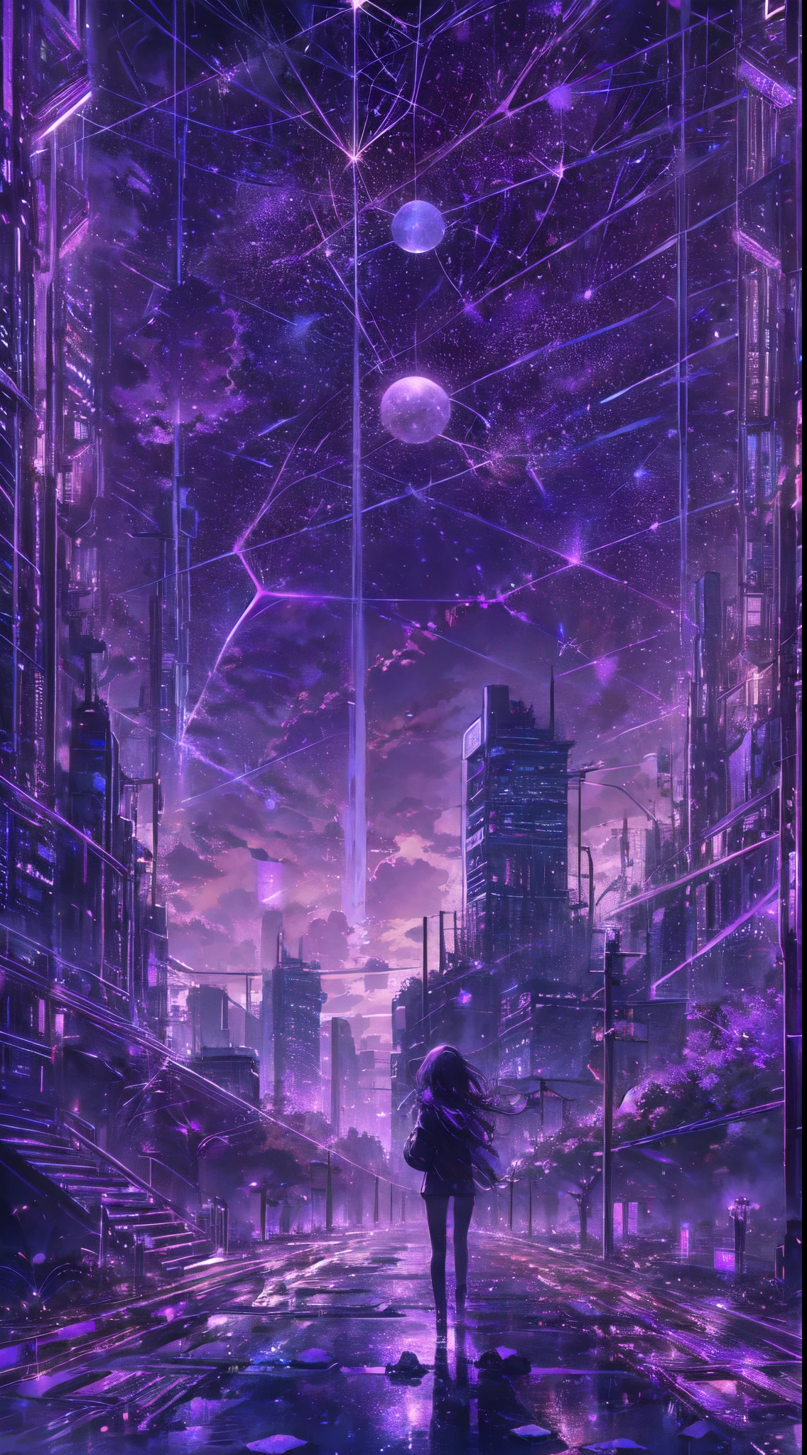 starry sky with the constellations of the zodiac, shades of purple as if they were nebulae, vast space, cyberpunk city at the bottom,