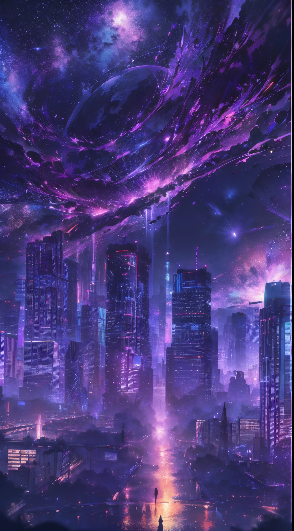 (best quality,4k,8k,highres,masterpiece:1.2),ultra-detailed,realistic:1.37,starry sky,nebula-like shades of purple,constellations,cosmic atmosphere,expansive space,cyberpunk city,nighttime setting,dazzling lights,twinkling stars,futuristic skyscrapers,glowing neon signs,flying vehicles,lit-up streets,dystopian vibe,tech-filled skyline,hustle and bustle,blurred motion,trippy visuals,mysterious ambiance,interstellar travel,surreal elements,celestial patterns,galactic theme,otherworldly beauty,dreamlike scenario,sci-fi influences,vivid colors,night sky background,cosmic energy,darkness illuminated,colorful explosions,contrast between nature and technology,awe-inspiring image.